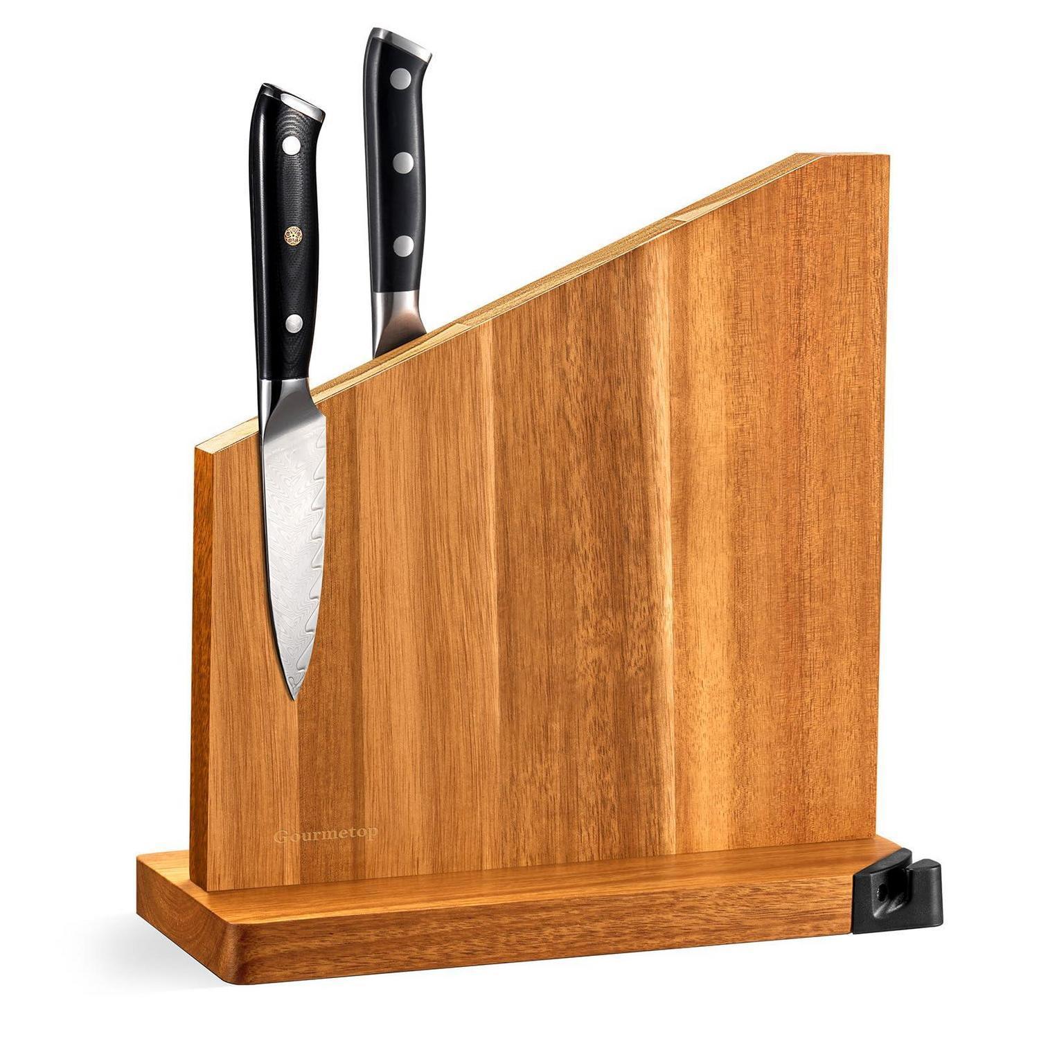 Messerblock Magnetisch Akazienholz Mit Schärfer, Doppelseitig, Hellholz