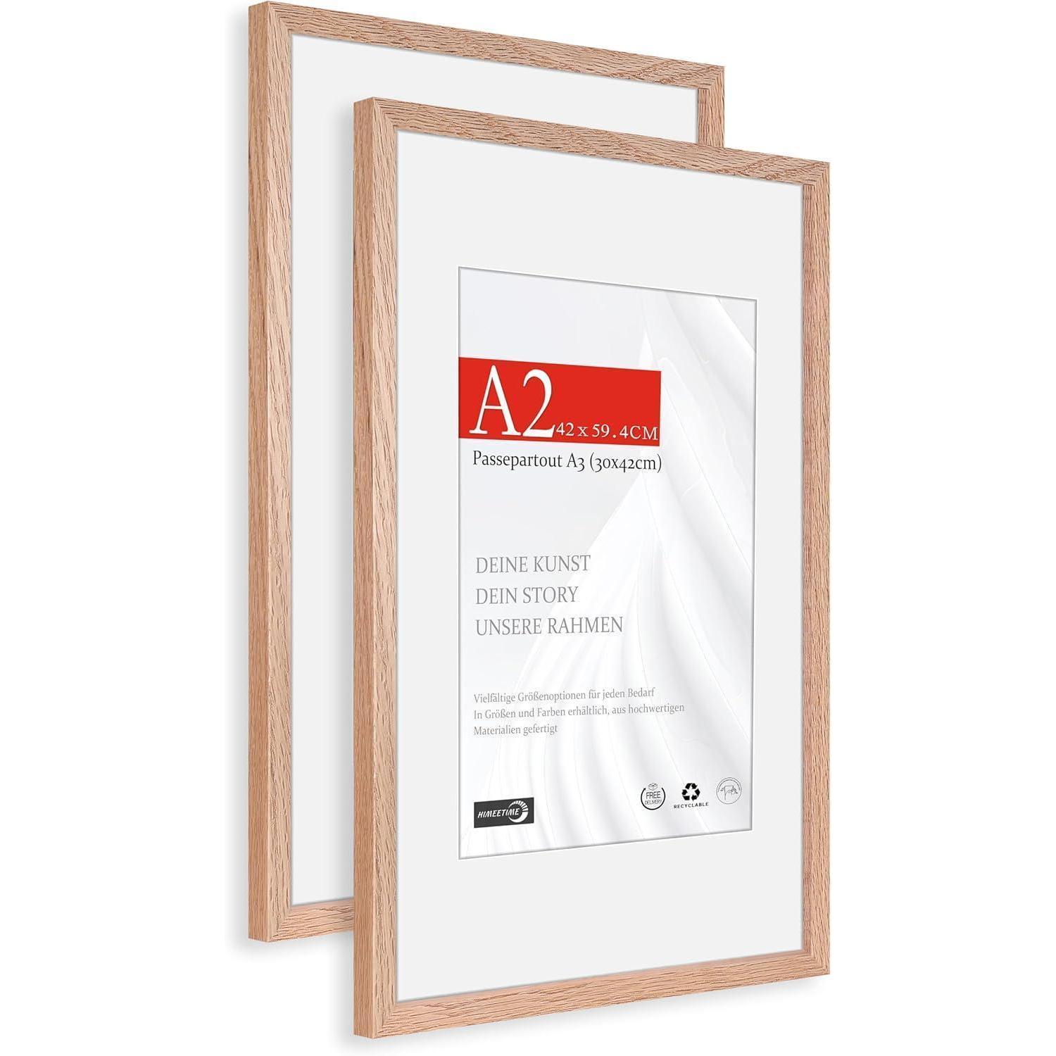2er Set Bilderrahmen A2 (42x59,4cm) Naturholz Eiche Mit Passepartout A3