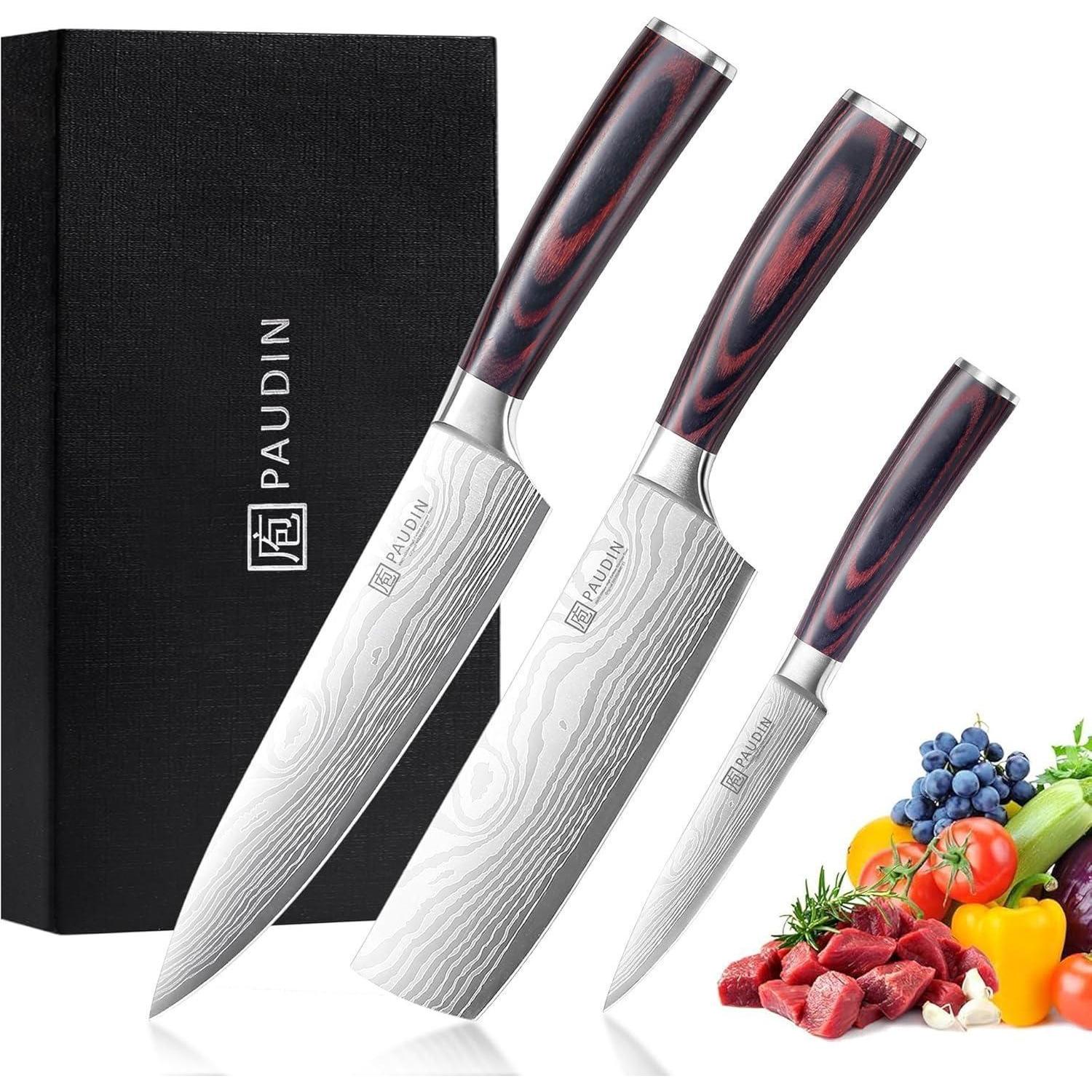 Küchenmesser Set 3-tlg. Carbon Edelstahl, Chefmesser, Hackmesser, Allzweckmesser, Pakkaholzgriff