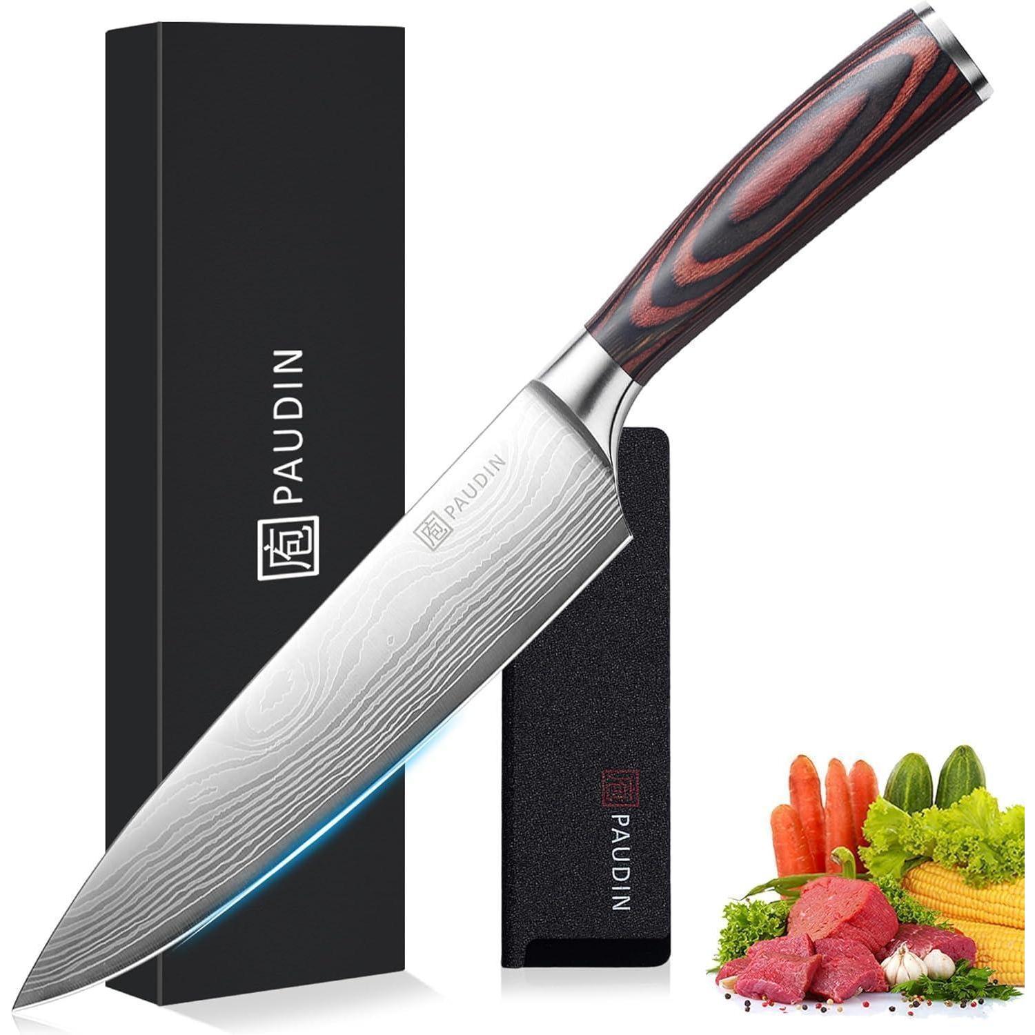 Profi Kochmesser 20 Cm, Carbon Edelstahl, Ergonomischer Holzgriff, Rostfrei