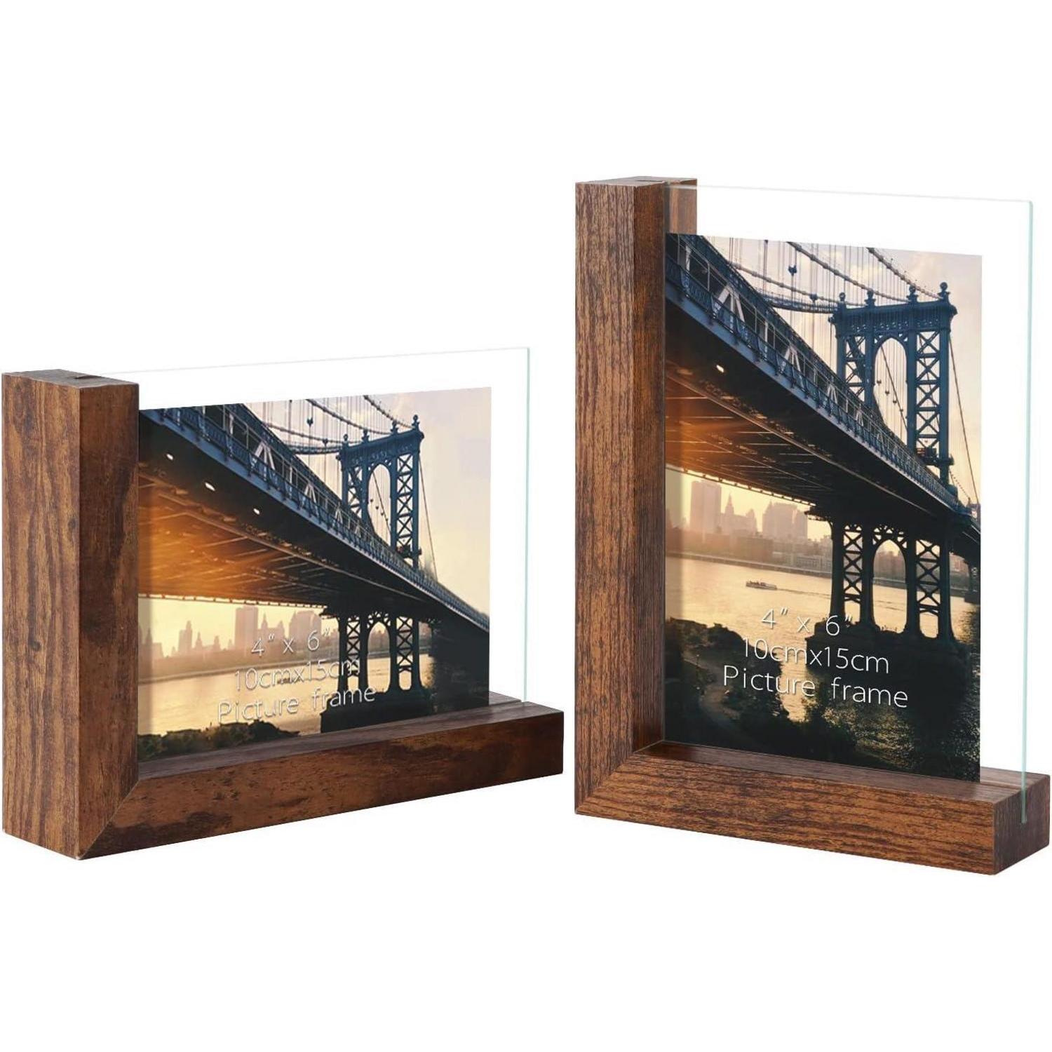 2er Set Bilderrahmen 10x15 Cm, Doppelseitig, Glas, Holzsockel, Braun