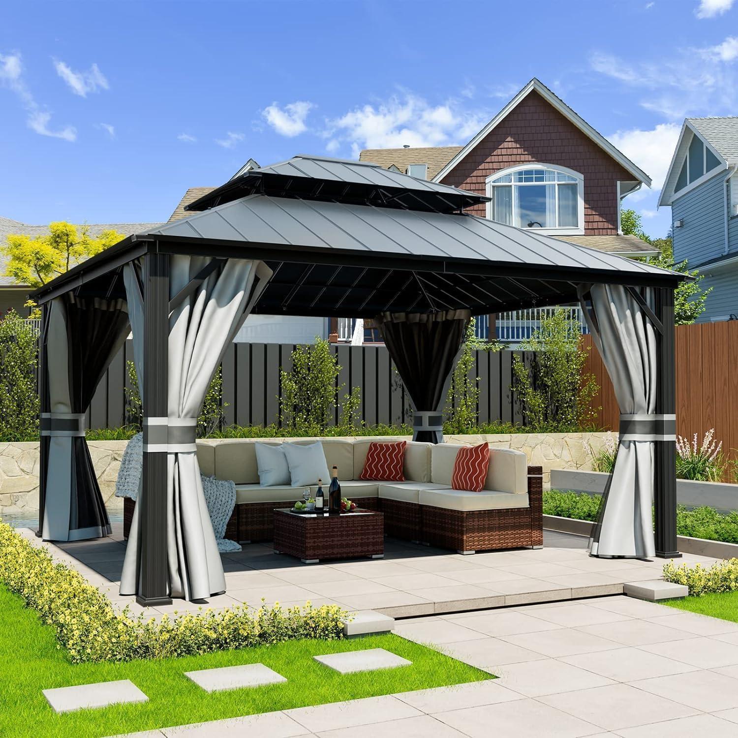 Gartenpavillon 3.65 X 4.25 M Wasserdicht Hardtop Mit Moskitonetz Und Vorhängen Grau