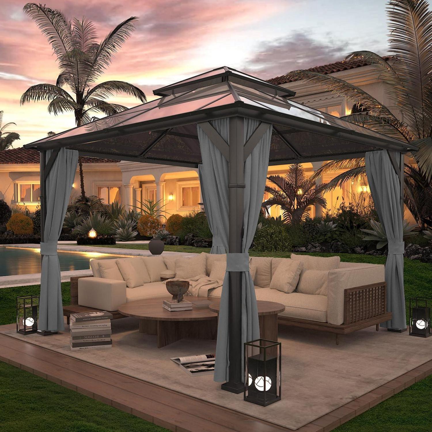 Gartenpavillon 3x3m Wasserdicht, Stabil, Winterfest Mit Polycarbonat-doppeldach Und Seitenteilen, Grau