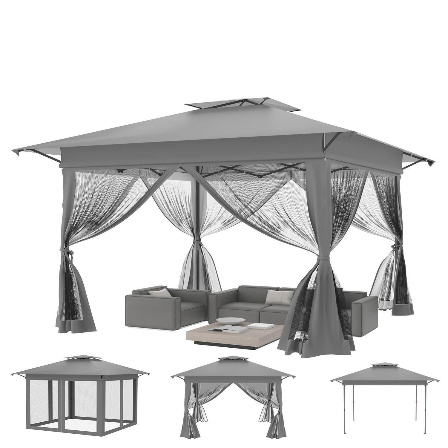 Faltpavillon 4x4m Mit Moskitonetz, Uv-schutz, Höhenverstellbar, Grau