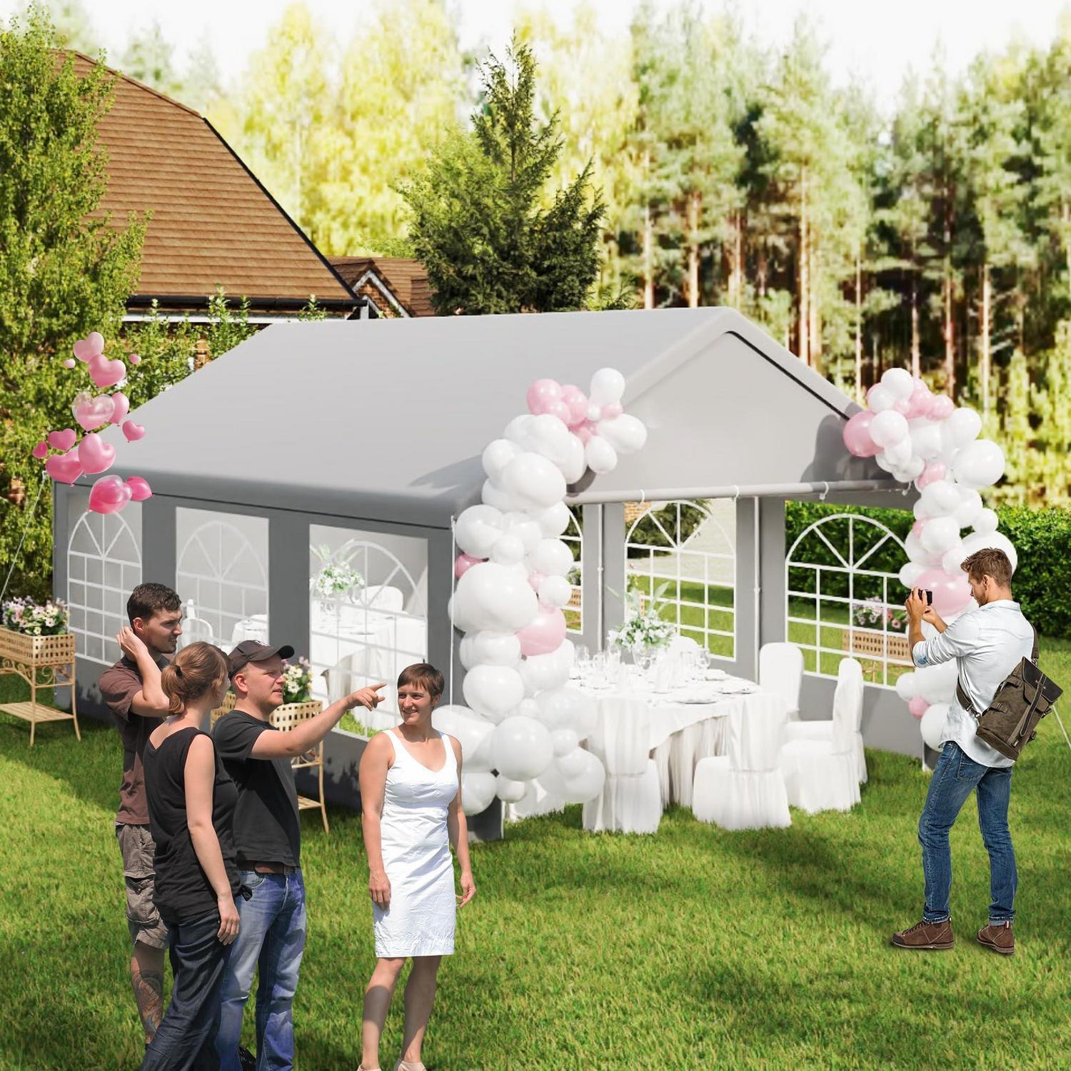 Partyzelt 4x6m Grau, Wasserdicht & Uv-beständig, Stahlgestänge, 6 Seitenwände Mit Fenstern