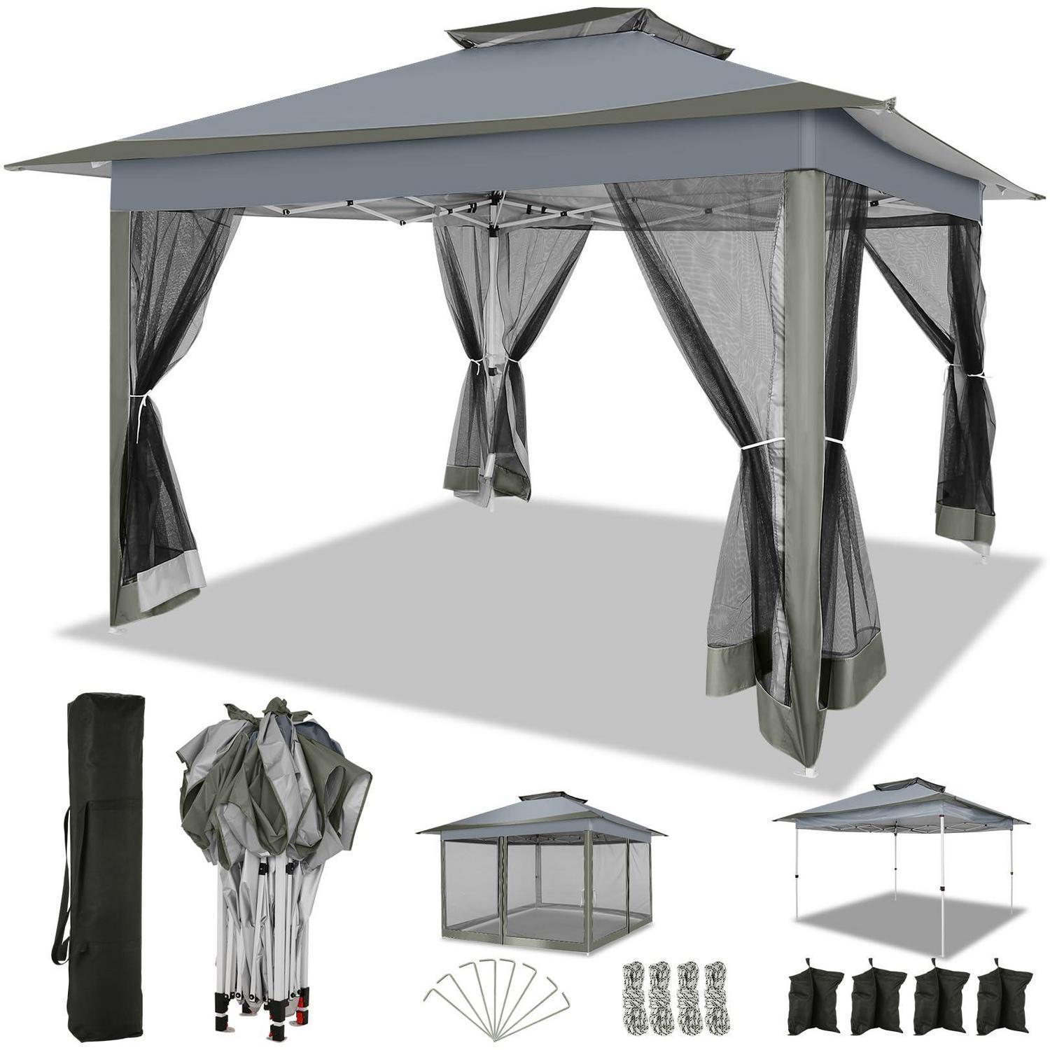 Faltpavillon 3,65x3,65m Wasserdicht Mit Moskitonetz Und Sandsäcken, Dunkelgrau