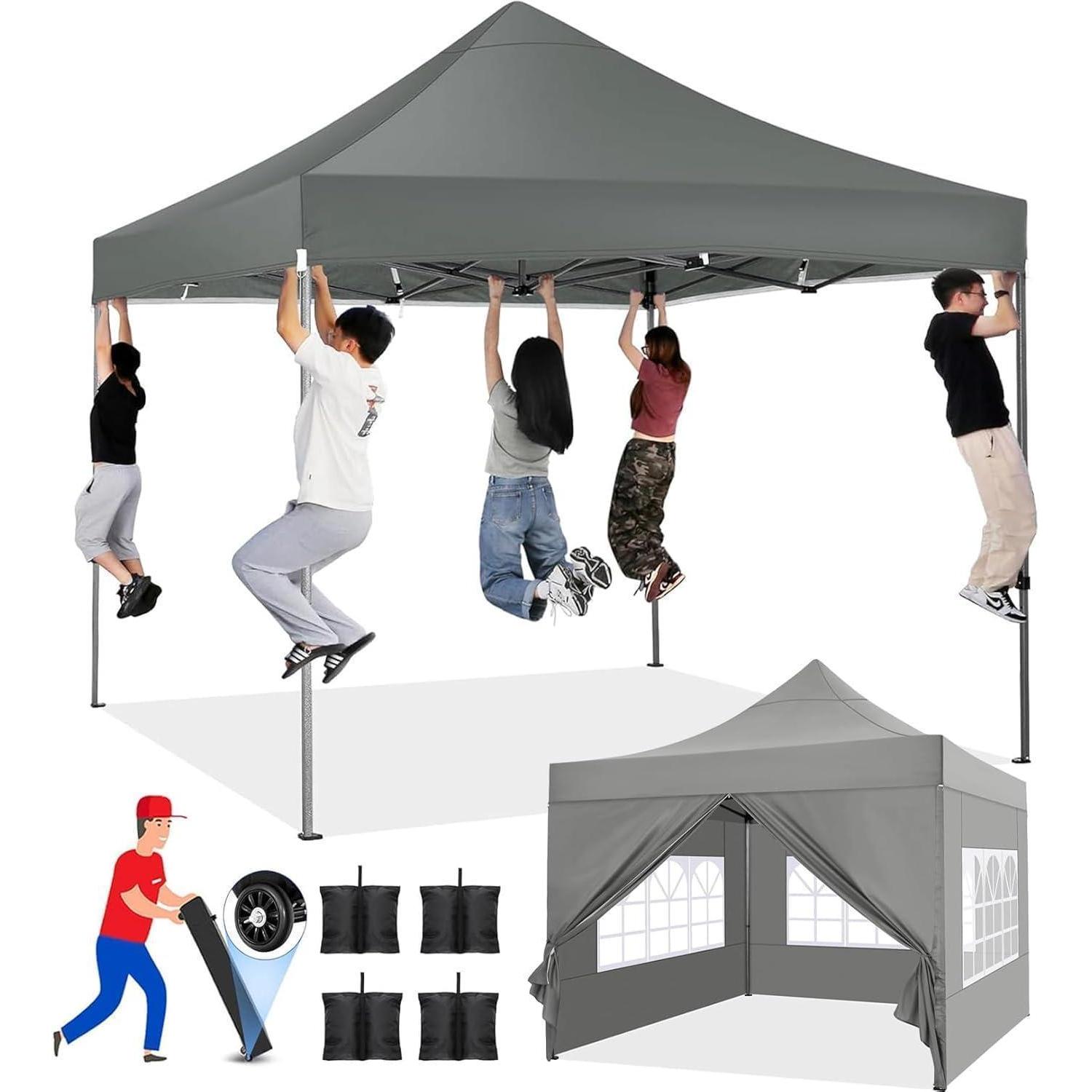 Faltpavillon 3x3m Wasserdicht, Uv-schutz 50+, 3 Höhen, 4 Seitenteile, Grau