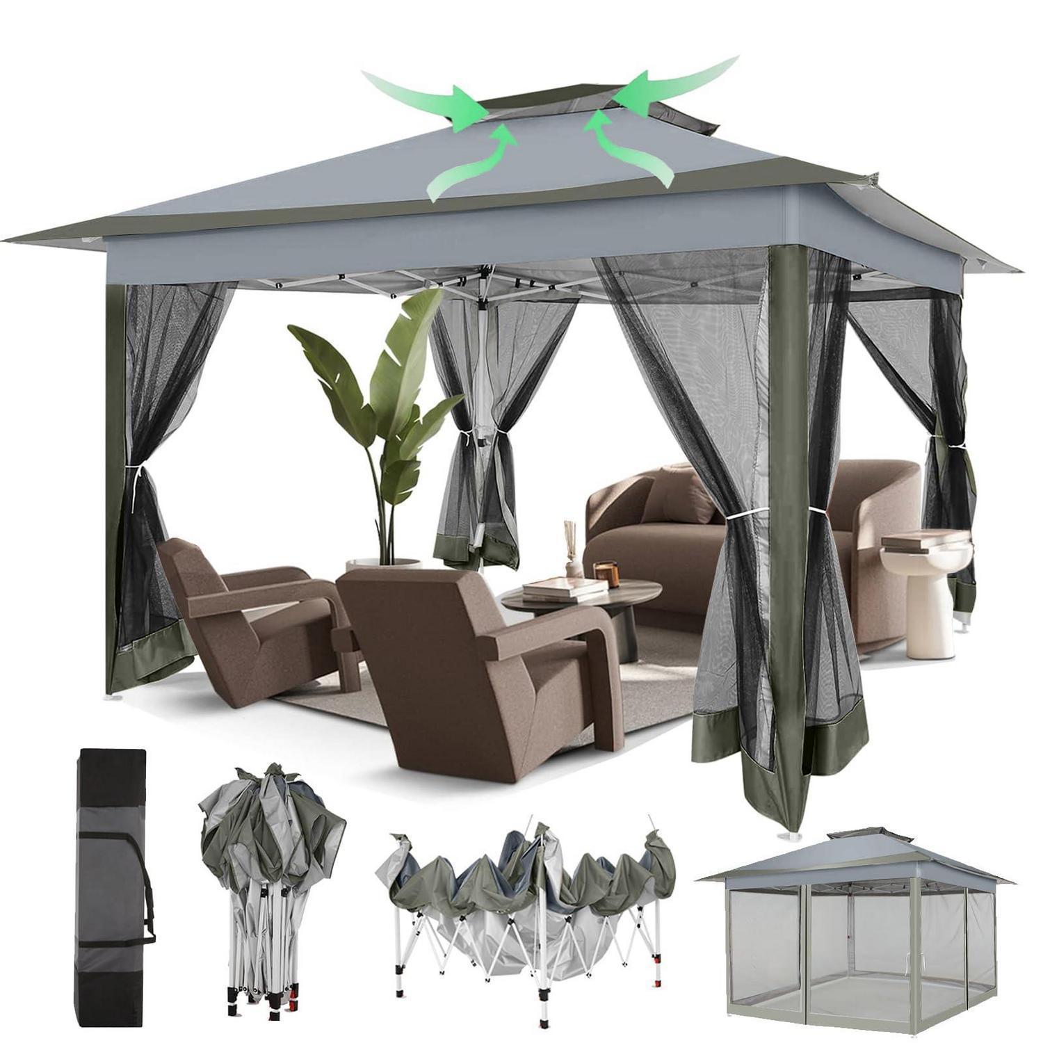 Pop-up Pavillon 3x3m Wasserdicht Mit Moskitonetz, Dunkelgrau