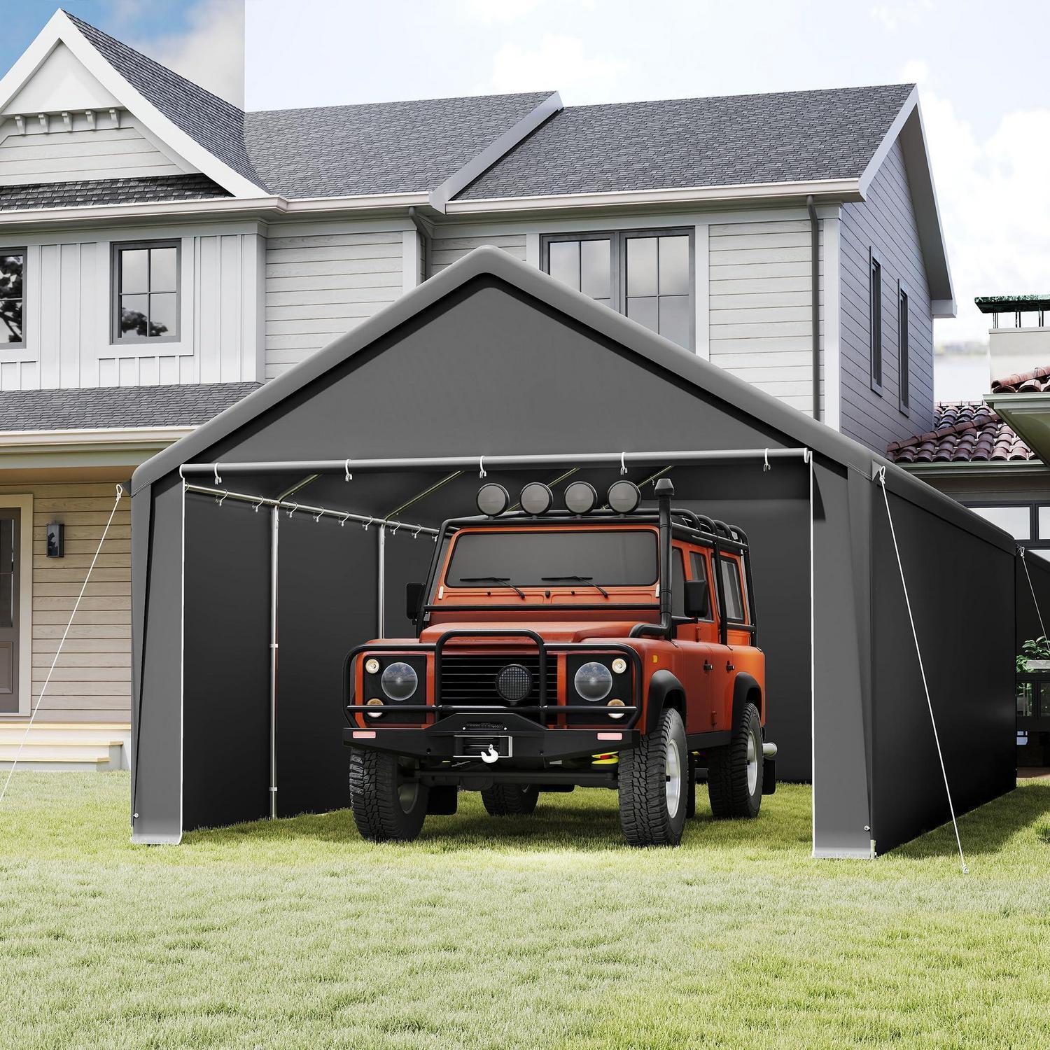 Carport Lagerzelt 4x8m Grau, Stahlgestell Verzinkt, Pe Plane 200g/m² Wasserdicht, Inkl. Seitenplanen