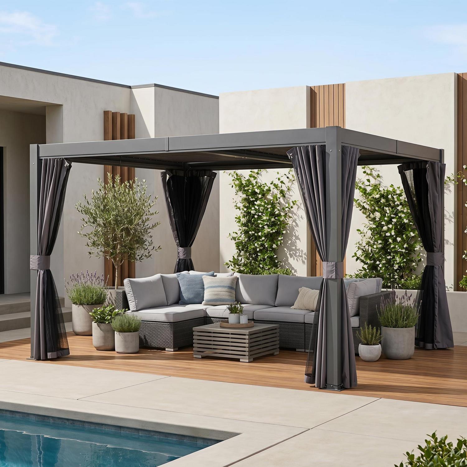 Lamellen-pergola 3x3,6m Grau Mit Verstellbarem Dach Und Moskitonetzen