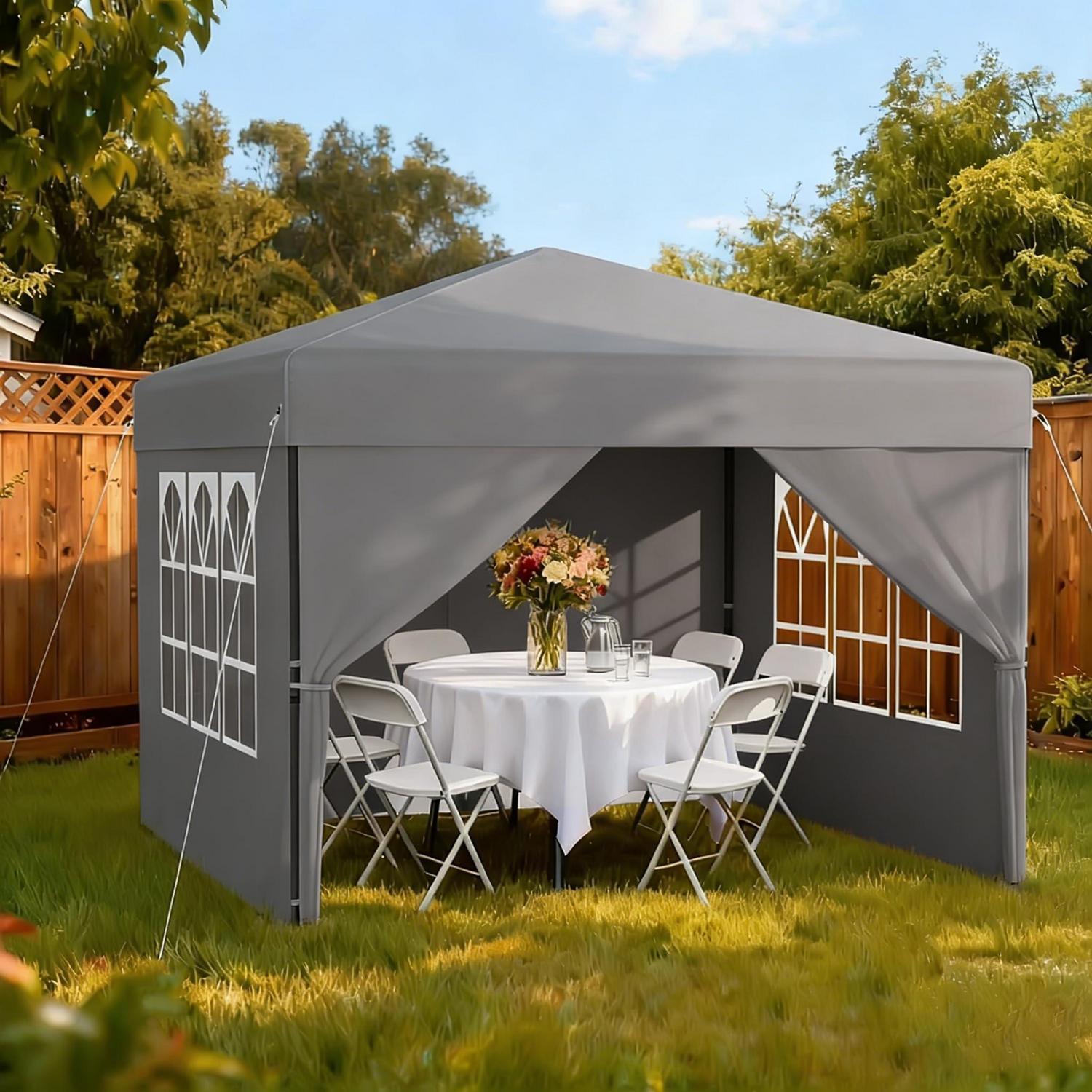 Faltpavillon 2.5x2.5m Wasserdicht Mit Seitenwänden, Höhenverstellbar, Silbergrau