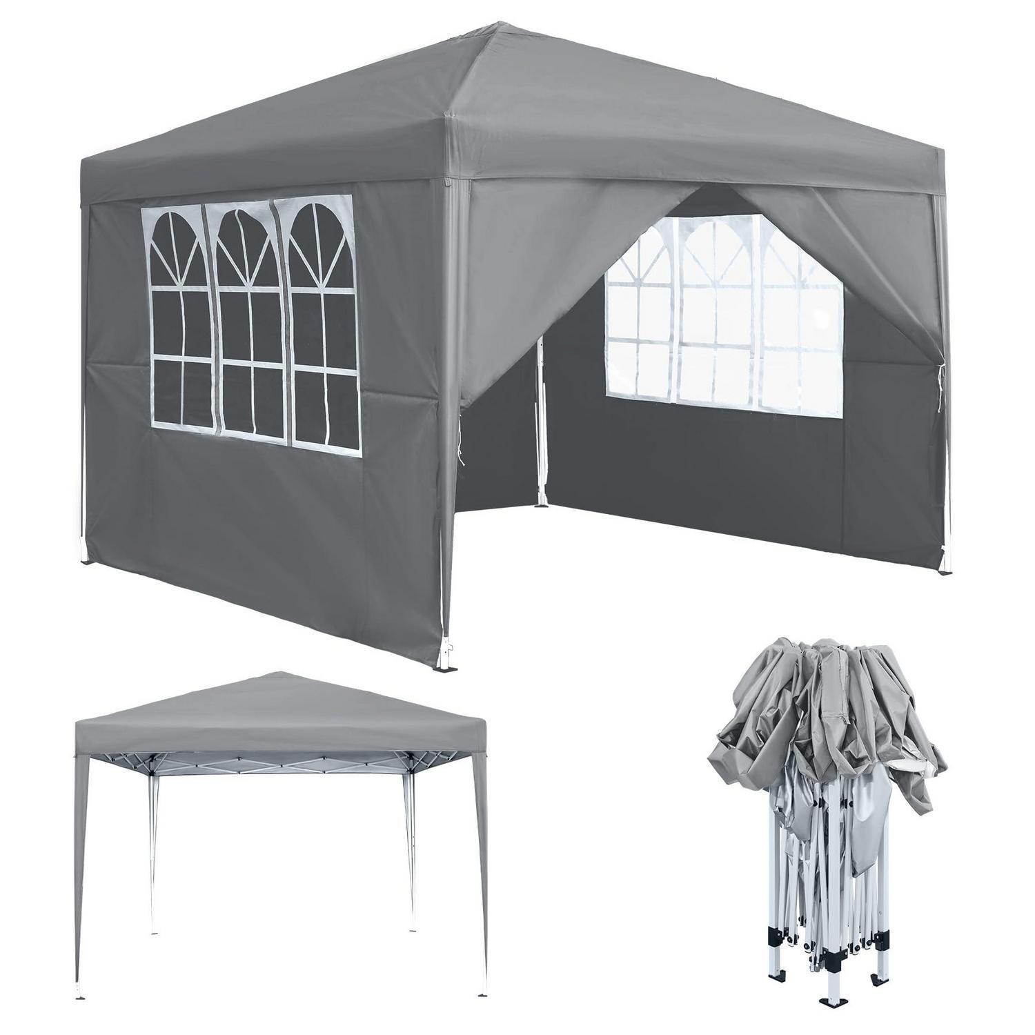 Faltpavillon 3x3m Grau Wasserdicht Mit 4 Fenstern Und Seitenteilen