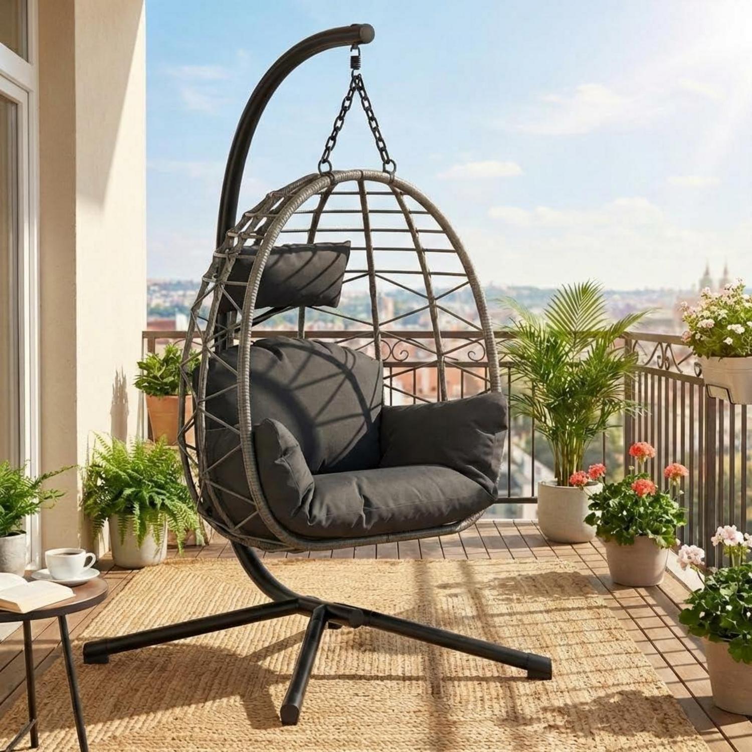 Hängesessel Aus Rattan Mit Metallgestell, Klappbar, Wetterfest, Bis 150 Kg Belastbar, Inkl. Kissen