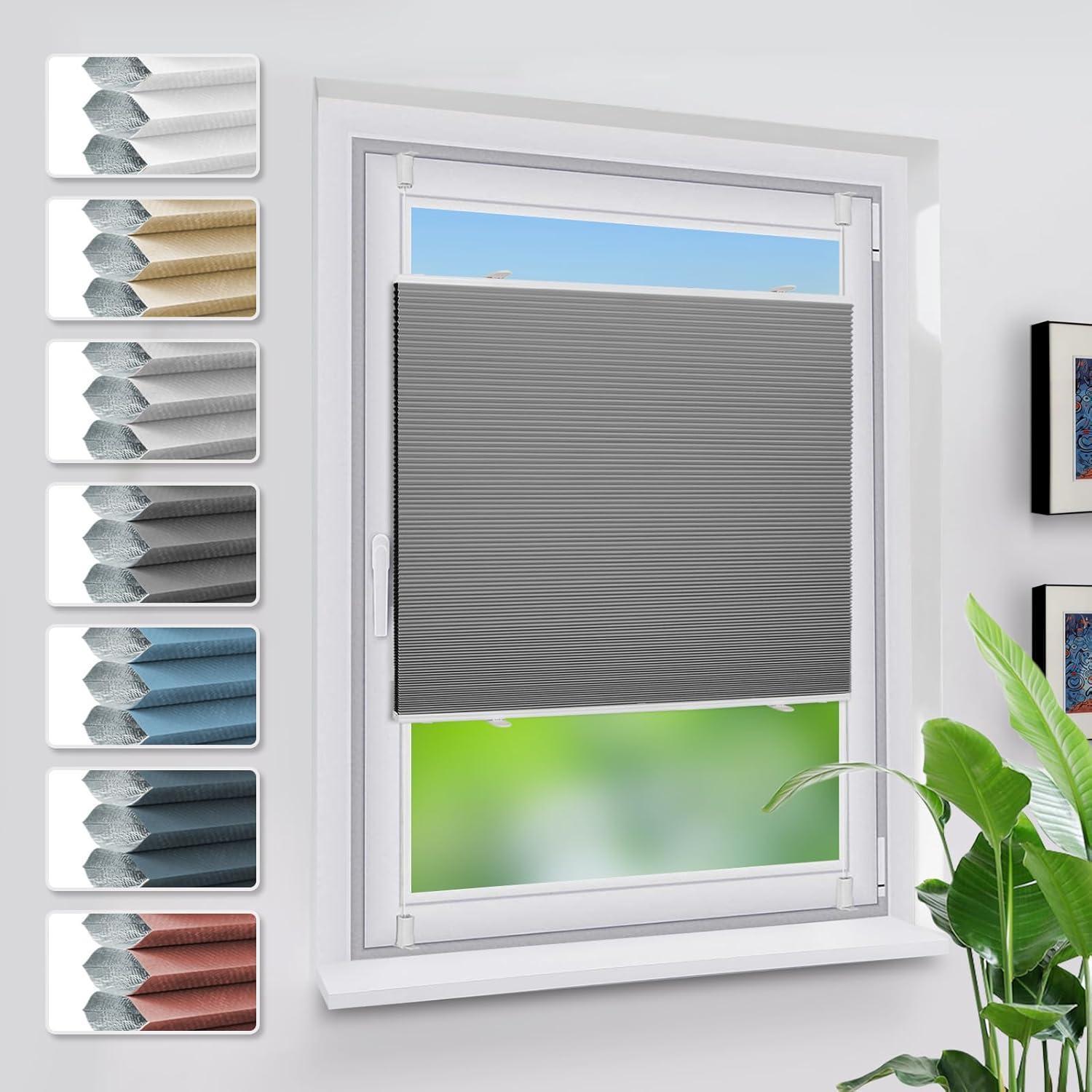 Verdunklungsplissee Wabenplissee Ohne Bohren 80x110cm Weiß-dunkelgrau Klemmfix Thermo Sonnenschutz