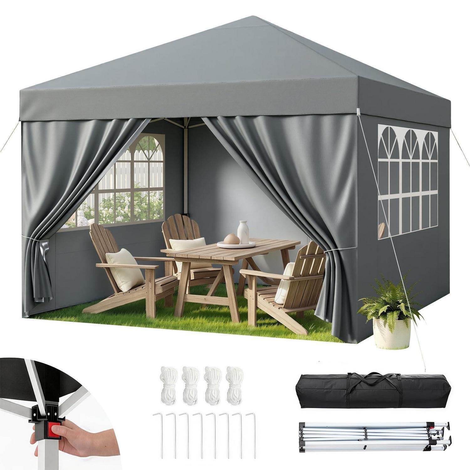 Faltpavillon 3x3m Grau Mit 4 Seitenwänden, Wasserdicht, Uv-schutz 50+