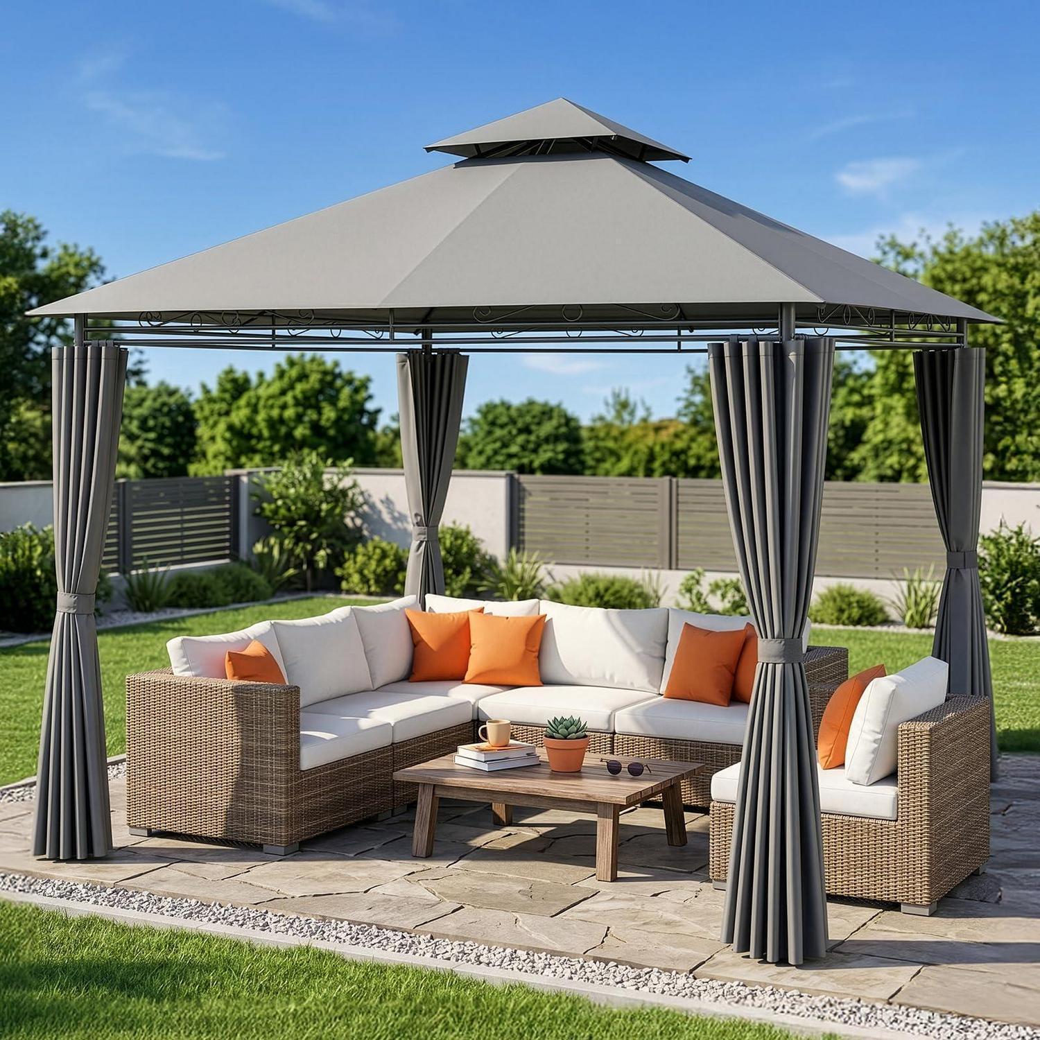 Gartenpavillon 3x3m Mit Doppeldach, Wasserdicht, Uv-schutz, 4 Seitenwänden