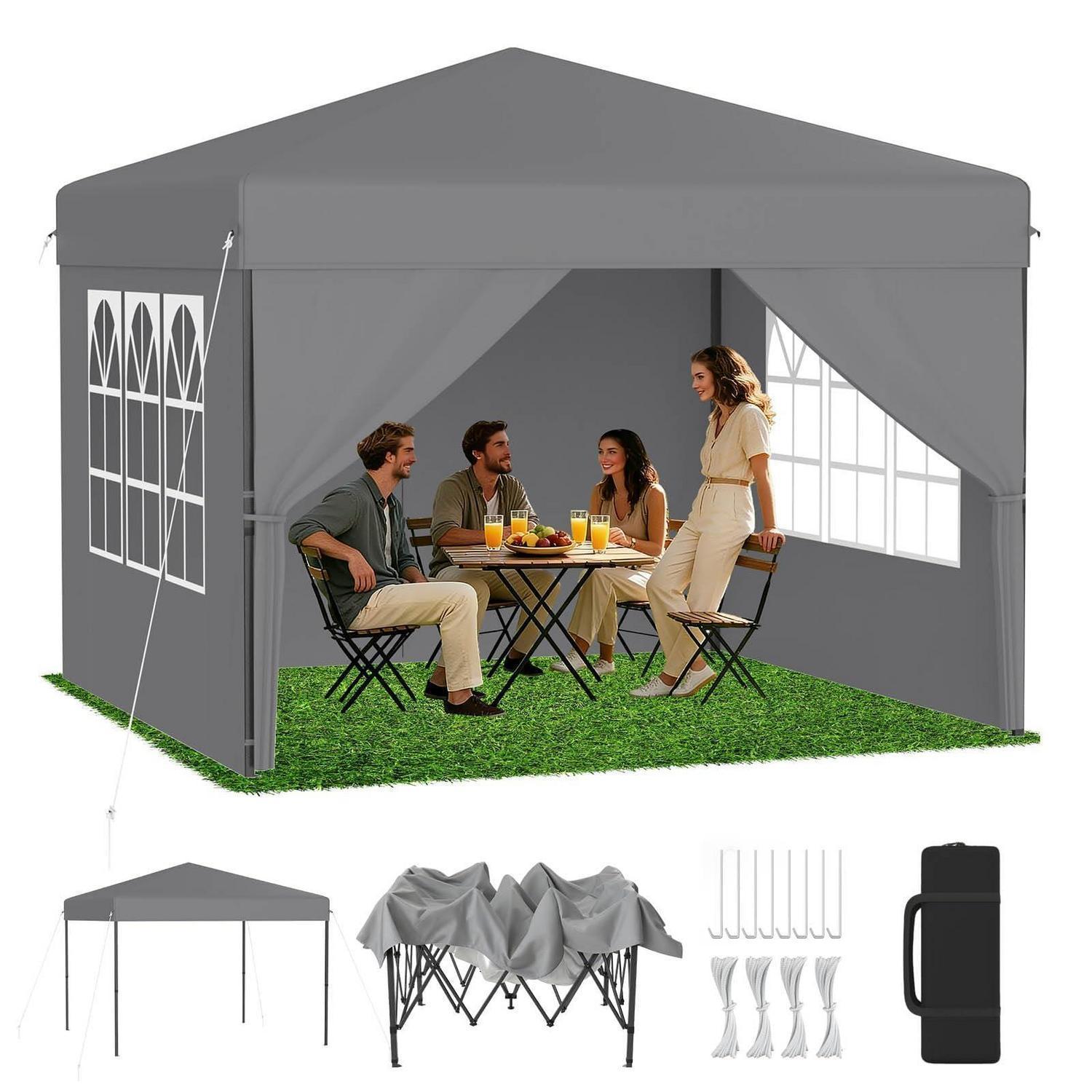 Faltpavillon 2,5x2,5m Silbergrau Mit 4 Seitenwänden, 1-klick-aufstellung