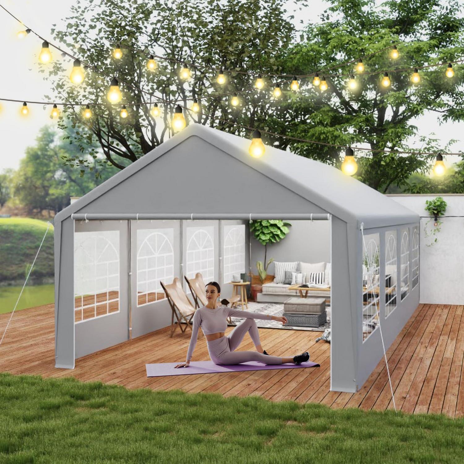 Partyzelt 4x8m Grau Mit Fenstern, Wasserdicht, Uv-schutz, Stahlrahmen
