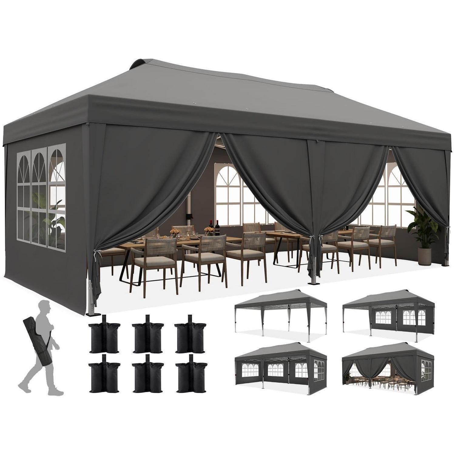 Faltpavillon 3x6m Mit 6 Seitenwänden, Uv-schutz 50+, Stahlrahmen, Grau