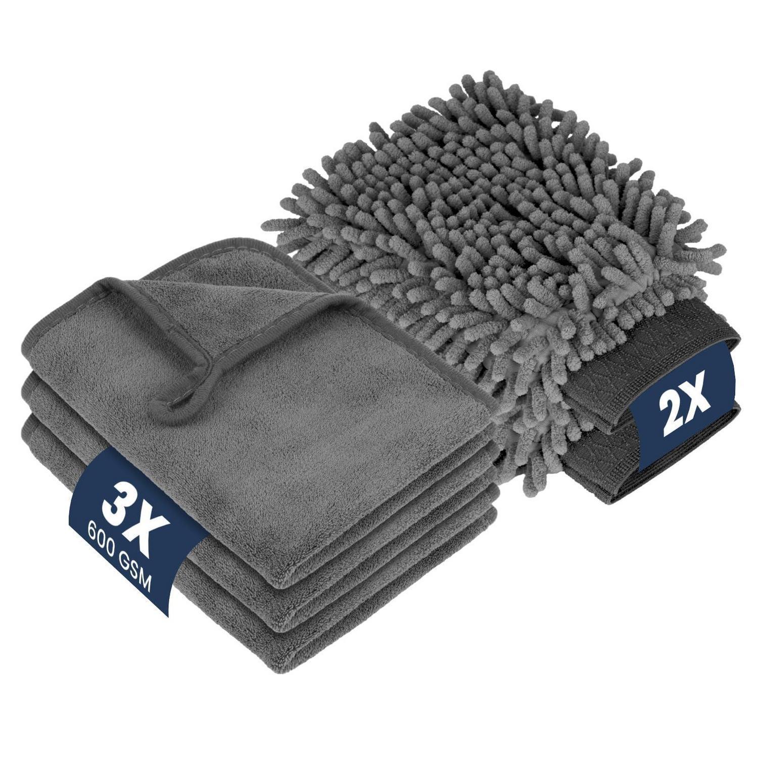 Autopflege Set: 3x 600gsm Mikrofasertücher & 2x Waschhandschuh, 40x30cm
