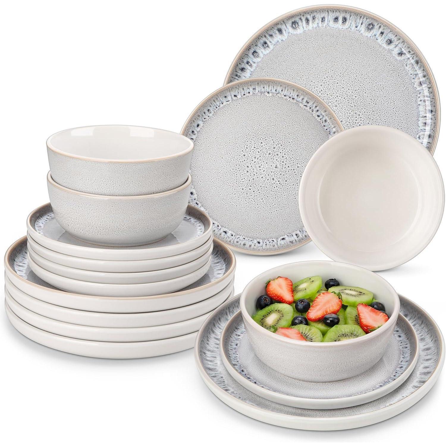 Geschirrset 36 Teile Für 12 Personen, Steingut Tafelservice Mit Tellern Und Schalen, Beige