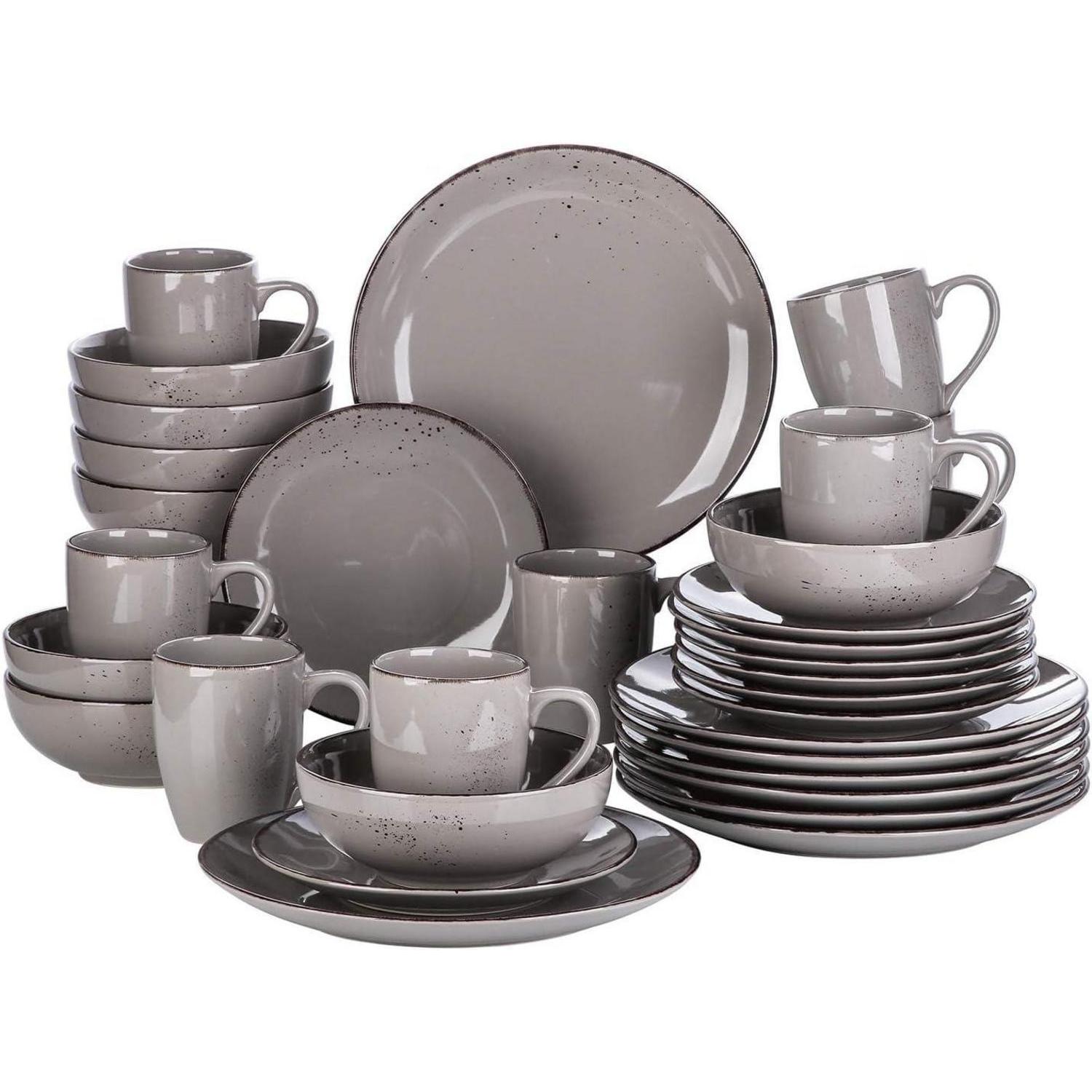 Tafelservice Set Für 8 Personen, 32-teiliges Kombiservice Aus Steingut, Vintage Natur Design Grau
