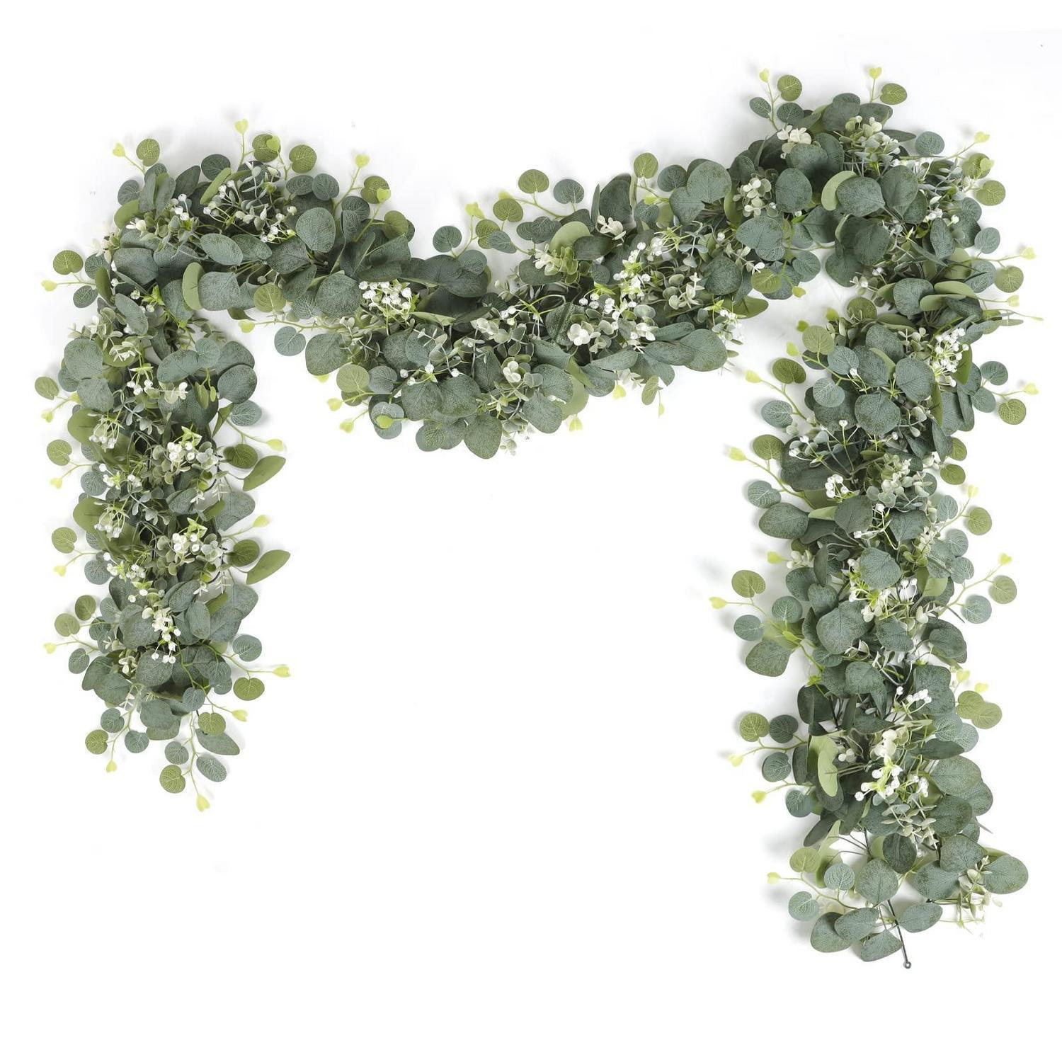 Künstliche Eukalyptus Girlande 180cm Mit Weißen Blüten, Deko Für Hochzeit & Zuhause