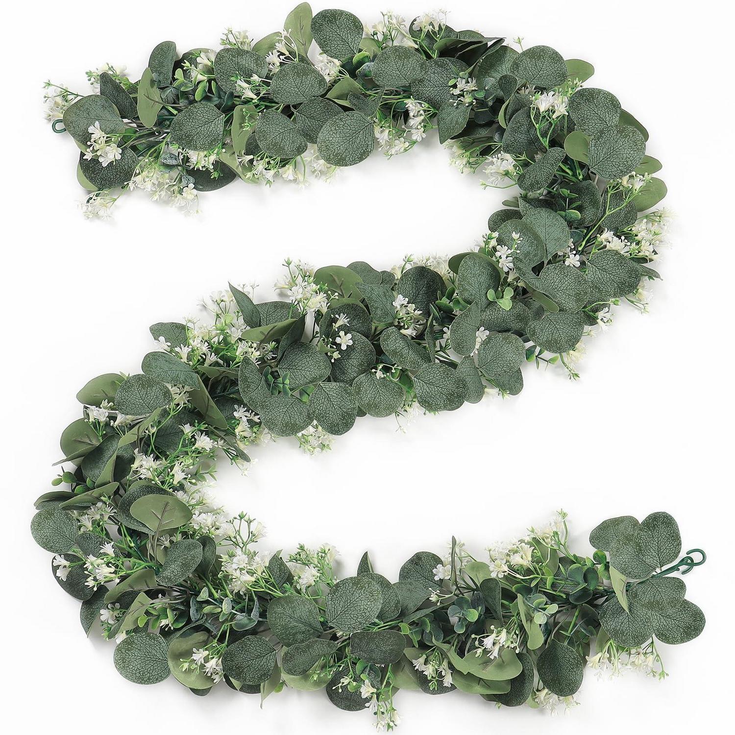 2er Set Künstliche Eukalyptus Girlande Mit Weißen Blumen 180cm