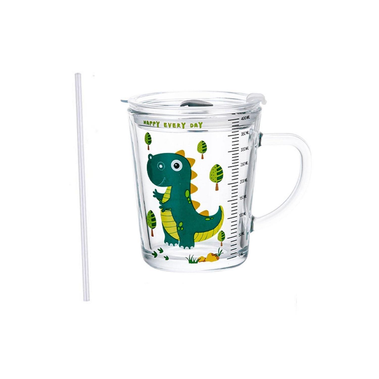 Glas Trinkbecher 400ml Mit Deckel, Strohhalm & Reiniger, Dino Motiv