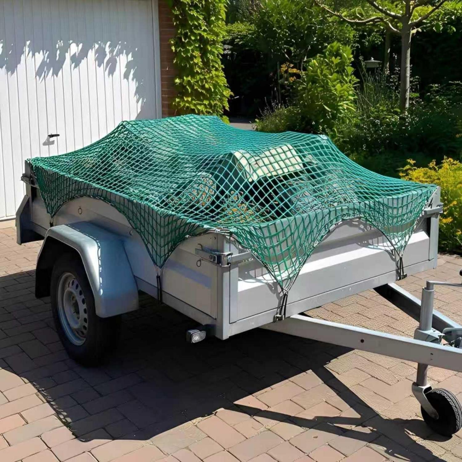 Anhängernetz 2x3m Grün Mit Haken, Verdicktes Polyester, Ladungssicherung