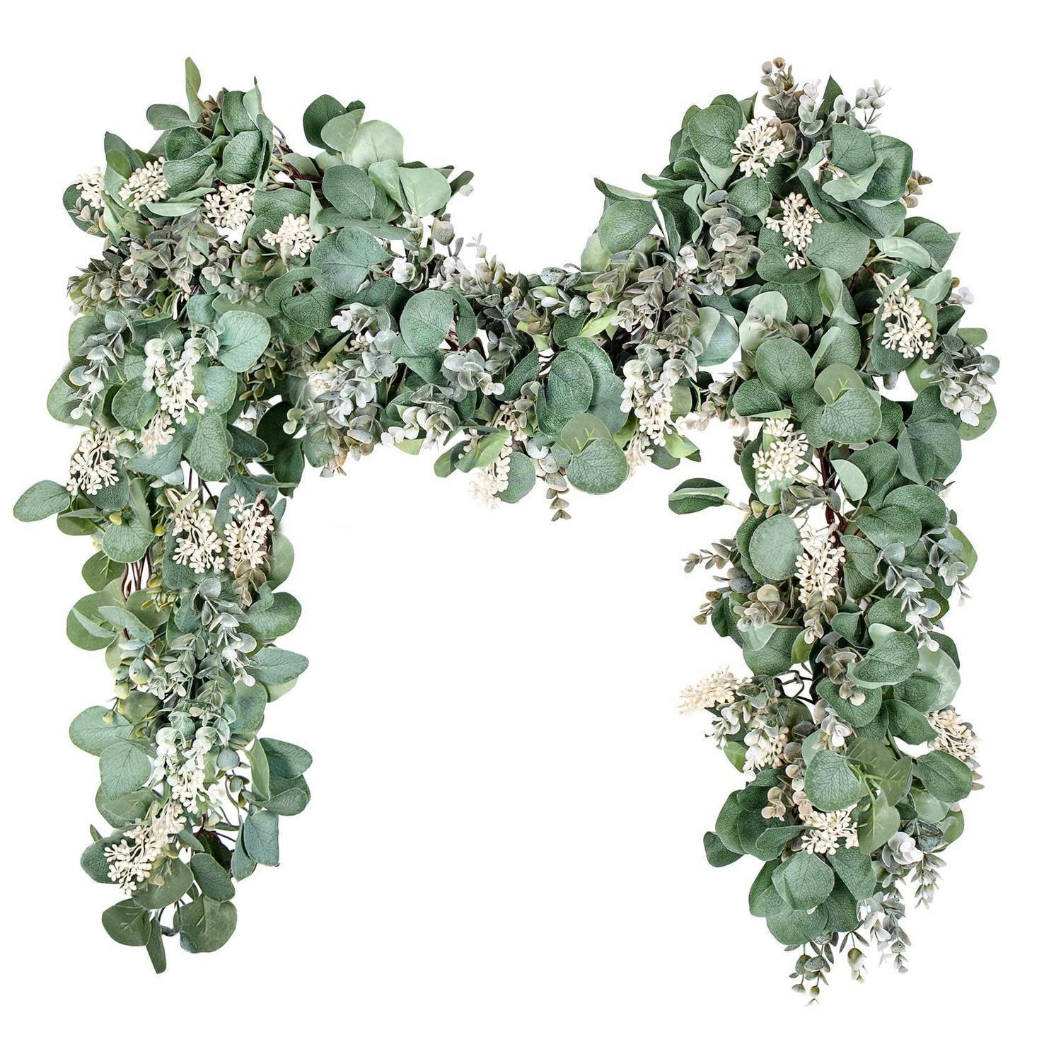 Künstliche Eukalyptus Girlande 2m Mit Weißen Blüten, Deko Für Hochzeit & Frühling