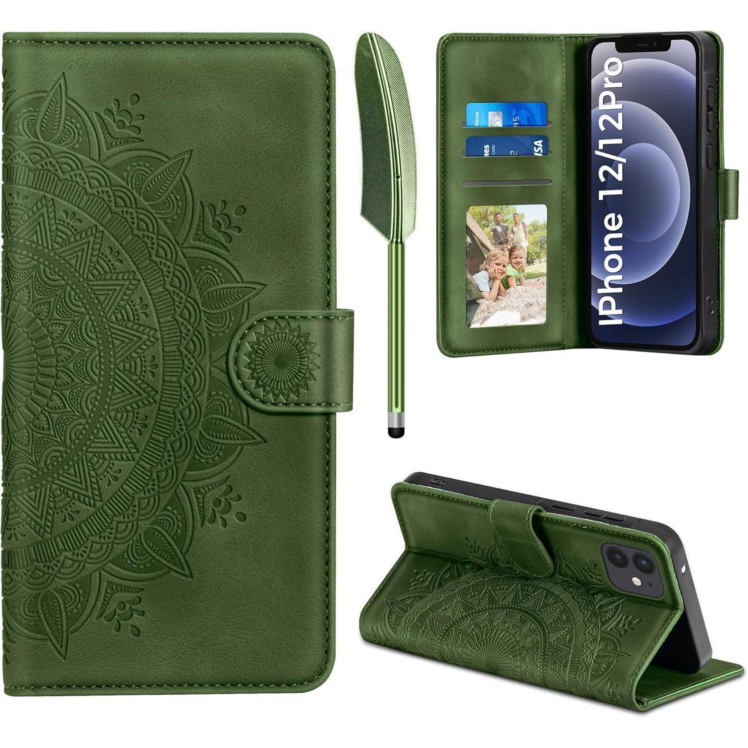 Iphone 12/12 Pro Hülle Leder Wallet Mit Kartenfach Und Ständer Grasgrün