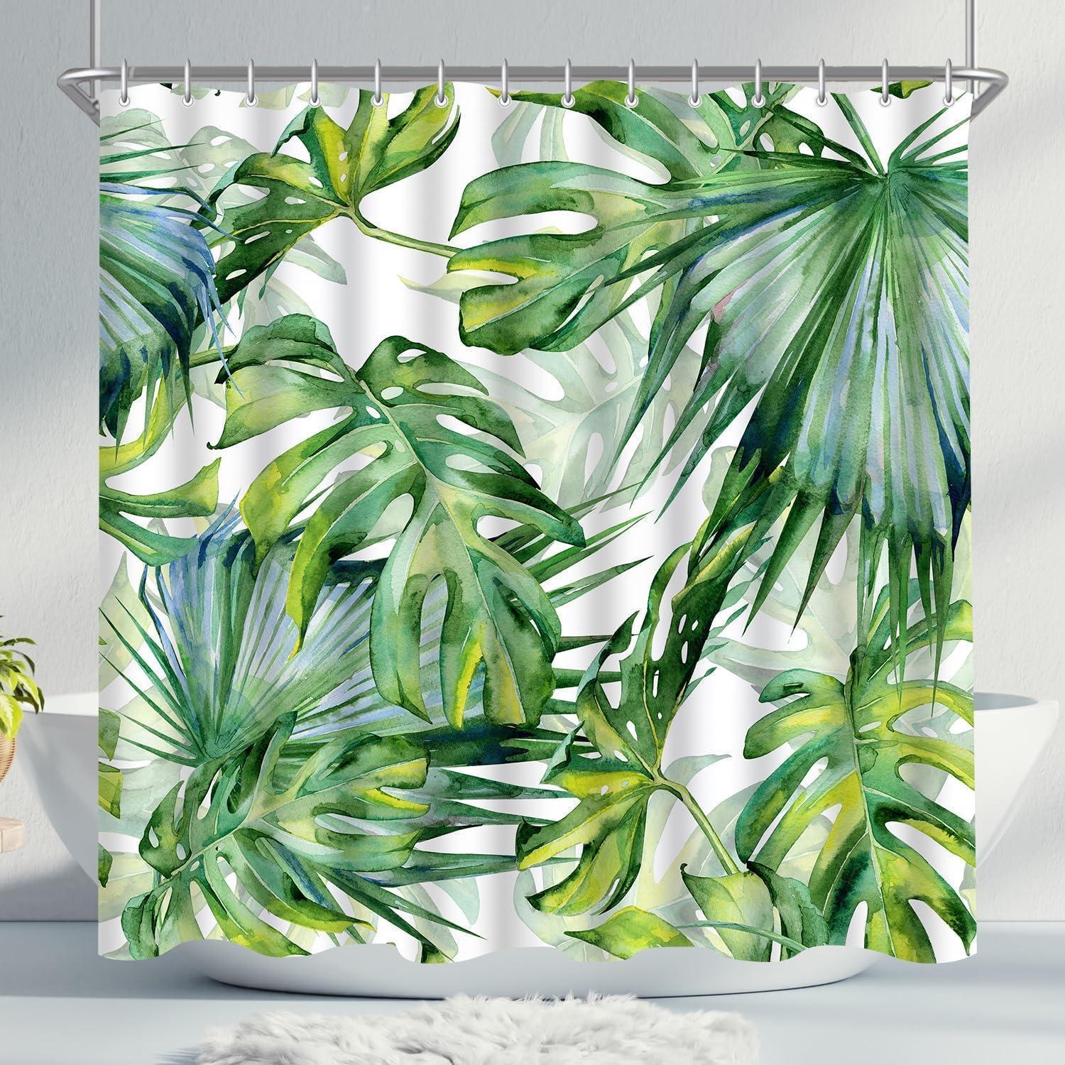 Duschvorhang 180x160cm Grün Blätter, Wasserdicht, Antischimmel, Waschbar, Polyester