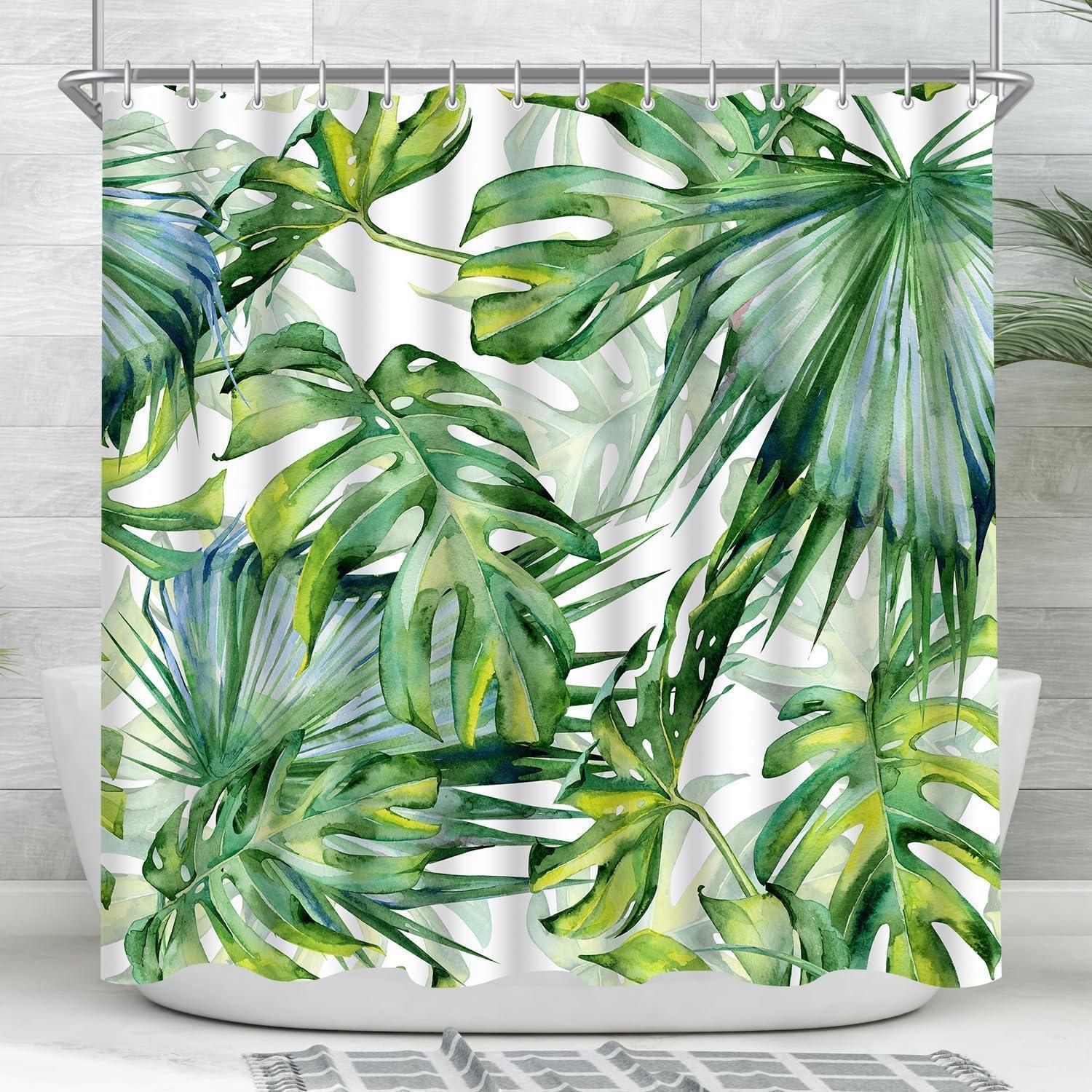 Duschvorhang 160x160 Cm Grün Blätter, Wasserdicht, Antischimmel, Waschbar, Polyester Mit 12 Ringen