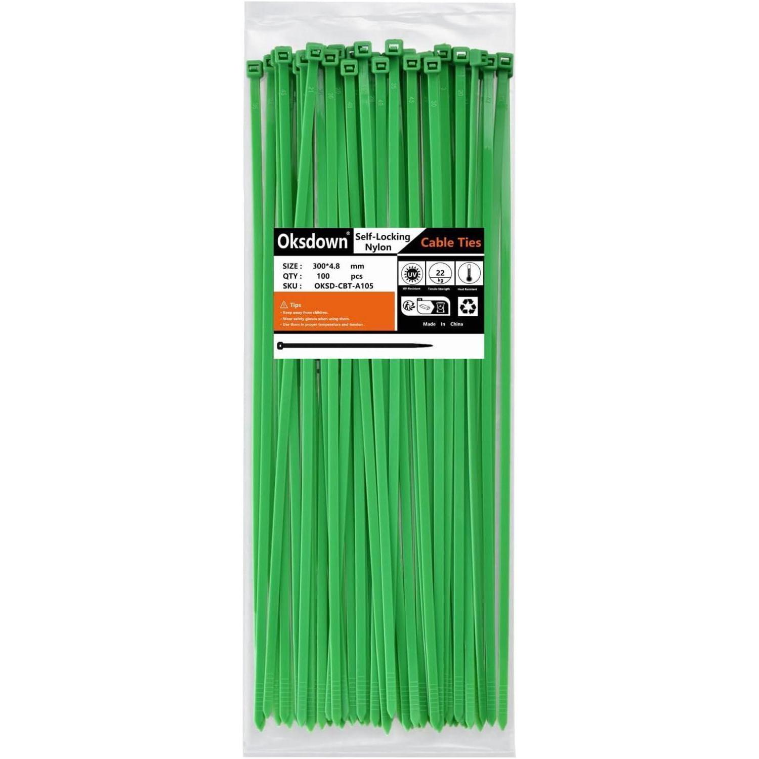Kabelbinder 100 Stück Grün 300 Mm Uv-beständig 22,2 Kg Zugfestigkeit Nylon