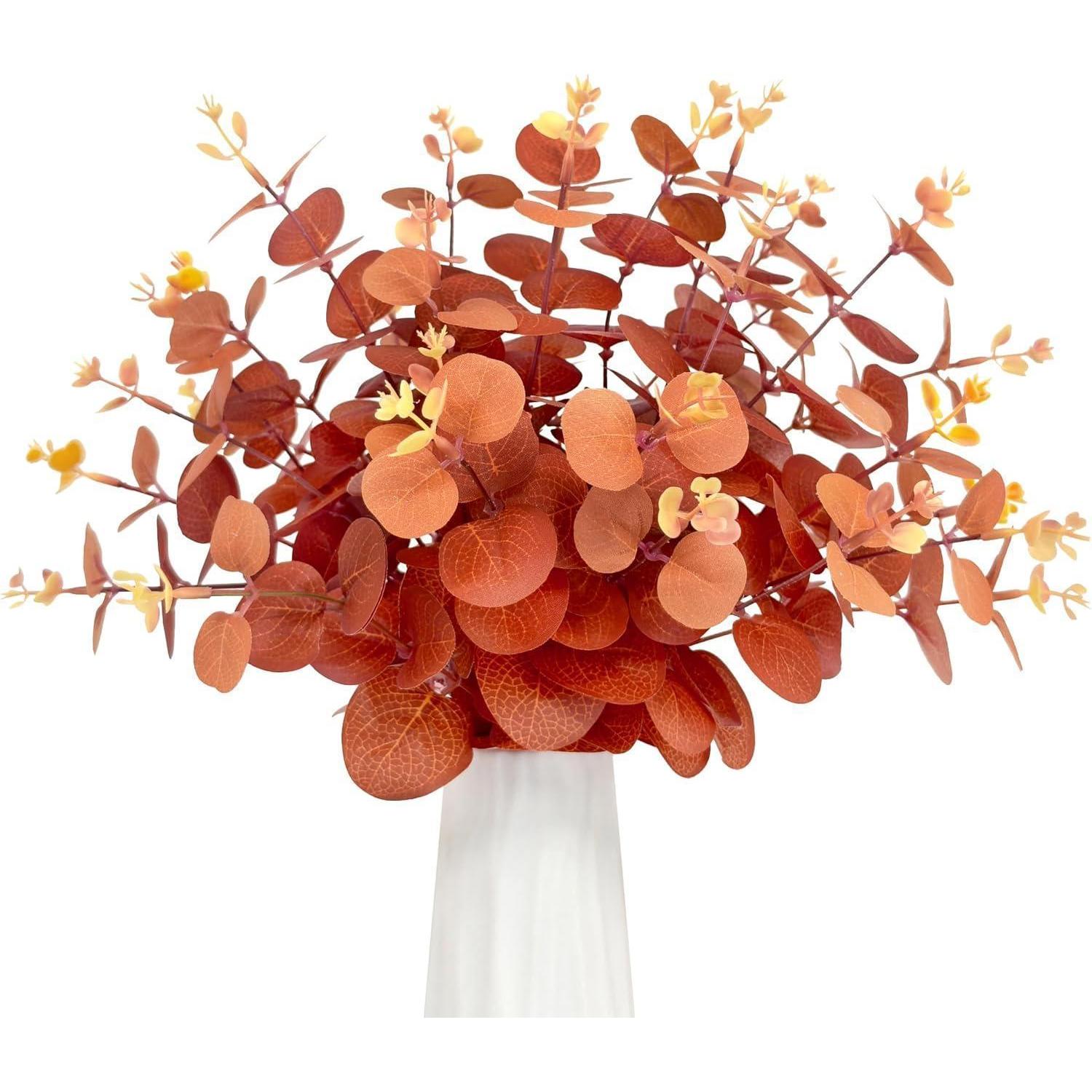 30x Künstliche Eukalyptus Zweige Deko Herbst 31cm Orange Stoff & Draht