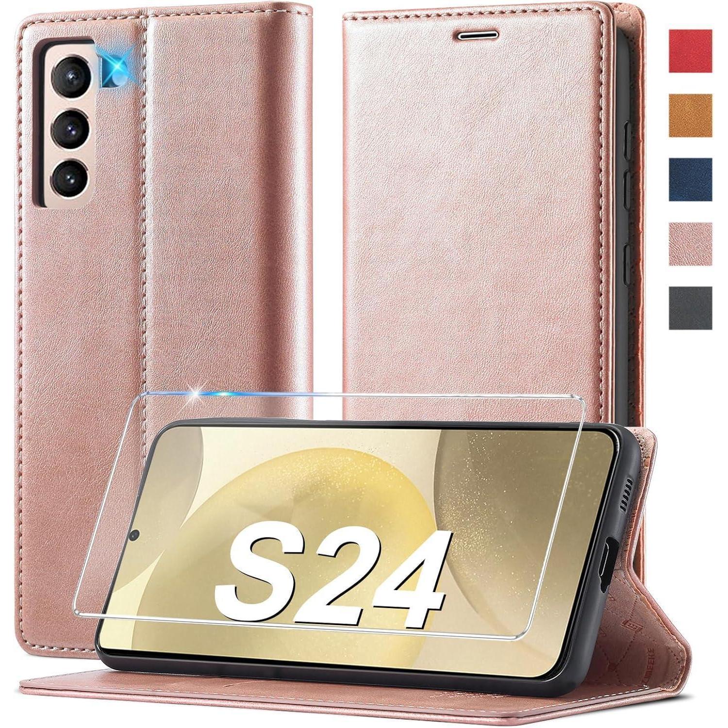 Samsung Galaxy S24 Hülle Leder Klapphülle Mit Kartenfach Und Ständer Rosa
