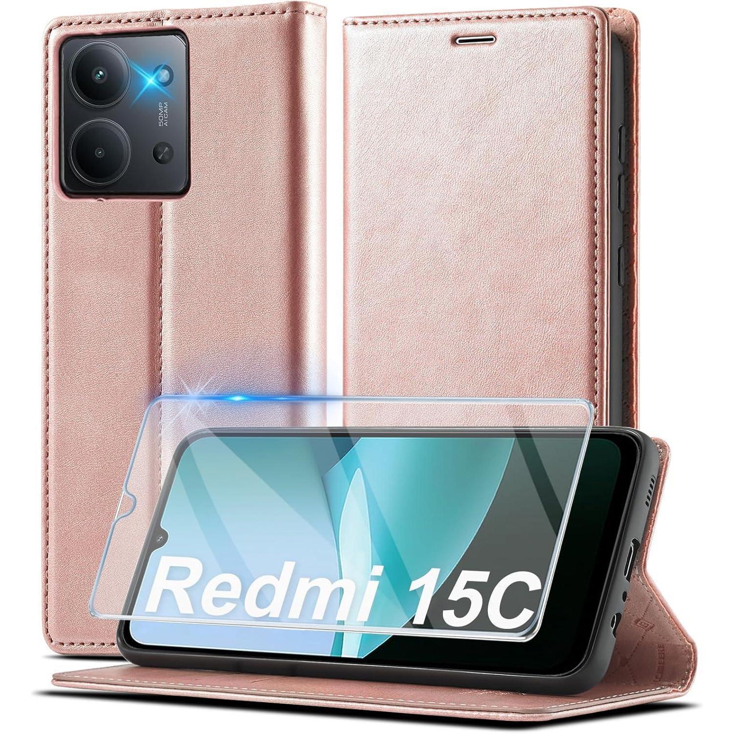 Klapphülle Für Xiaomi Redmi 15c 4g/5g Mit Kartenfach, Ständer & Schutzfolie, Pink