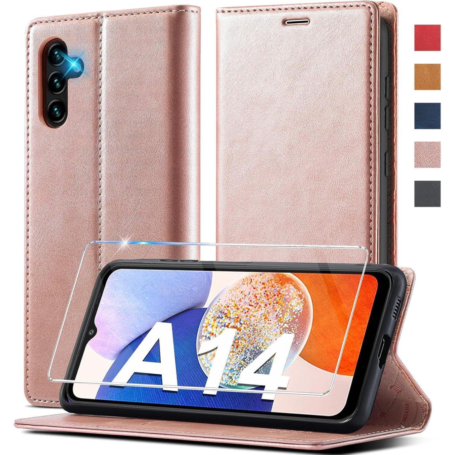 Handyhülle Für Samsung Galaxy A14 5g Leder Klappbar Mit Ständer & Kartenfächern + Schutzfolie