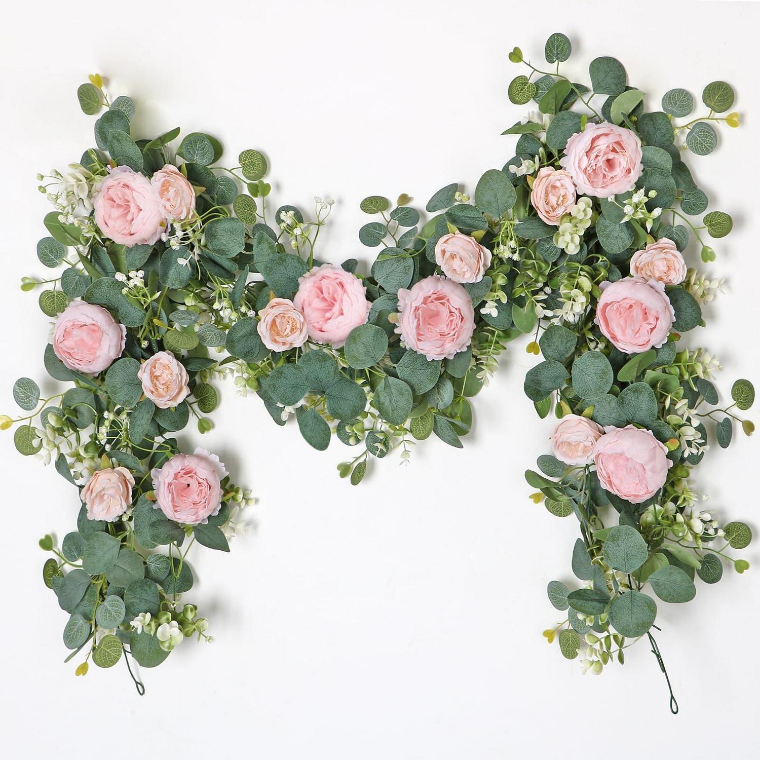 2er Set Künstliche Blumengirlande Eukalyptus Mit Pfingstrosen Und Rosen, 200cm Hellrosa