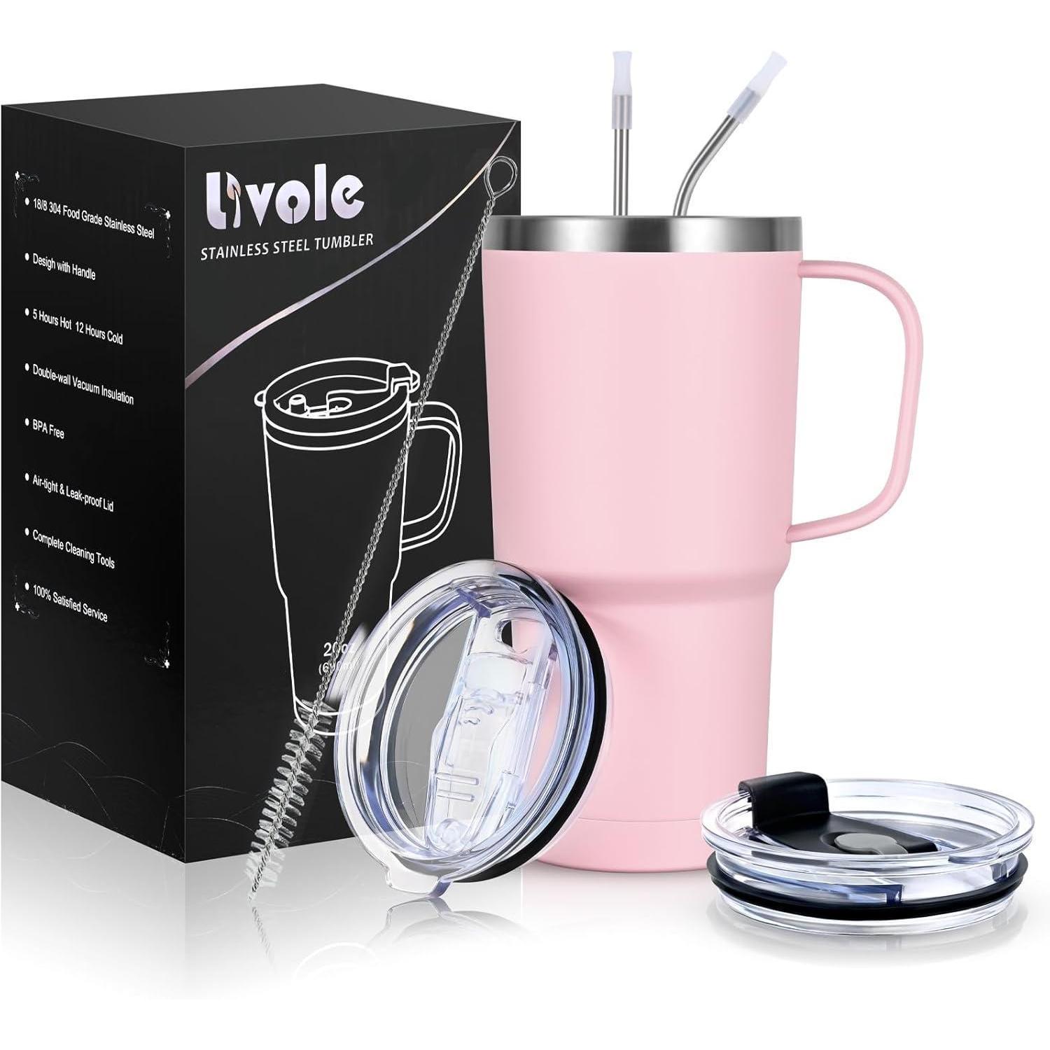 600ml Thermobecher Mit Henkel, Vakuum Kaffeebecher Edelstahl, Doppelwandig, Mit Strohhalm & Deckel, Hellrosa