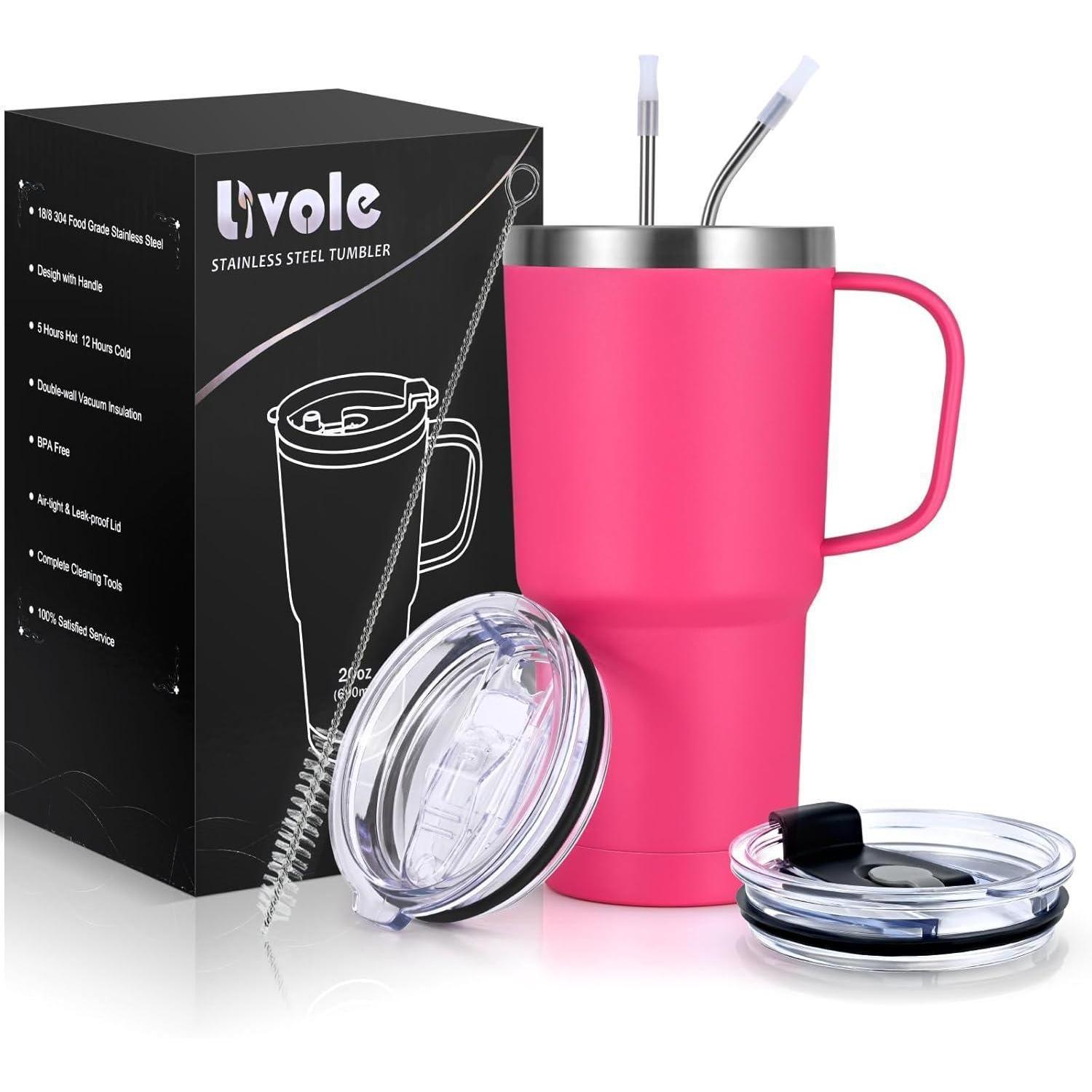 Thermosbecher Mit Henkel 600ml, Vakuum Kaffeebecher Edelstahl, Inkl. 2 Deckel & Strohhalme, Rosenrot
