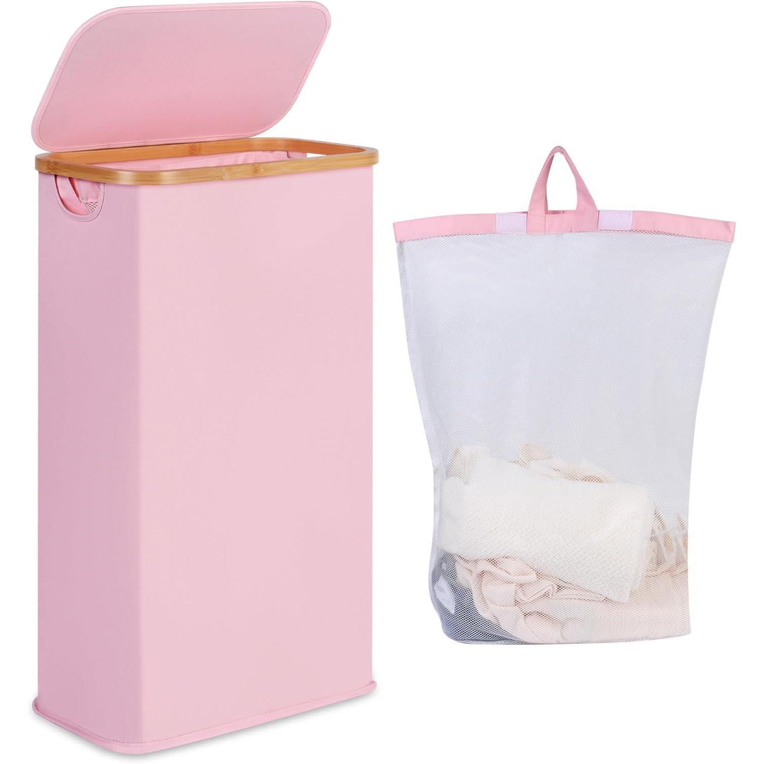 Wäschekorb Mit Deckel 60l, Schmal, Faltbar, Rosa