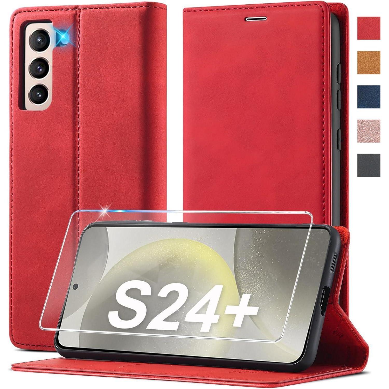 Samsung Galaxy S24 Plus Hülle Leder Klappbar Mit Kartenfächern Und Ständer Rot