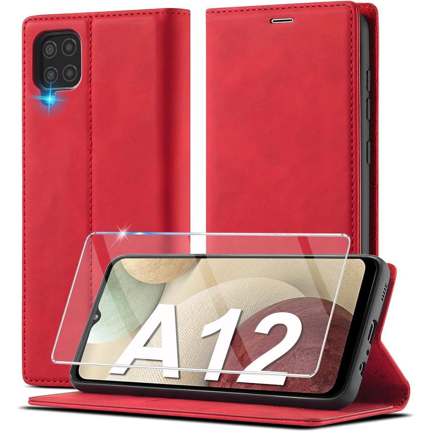 Klapphülle Für Samsung Galaxy A12/m12 Mit Ständer, Kartenfächern Und Magnetverschluss, Rot