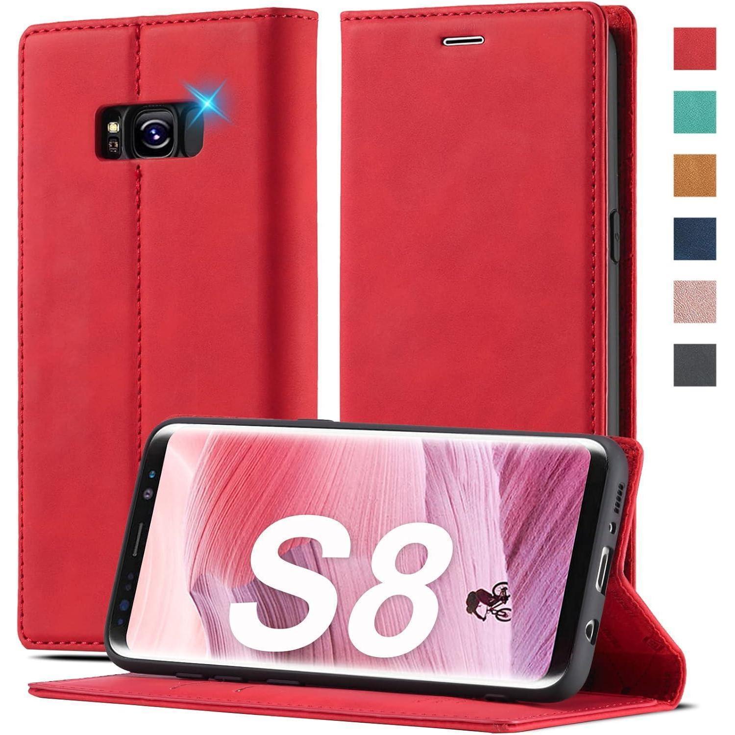 Samsung Galaxy S8 Hülle Leder Klappbar Mit Standfunktion & Kartenfächern Rot