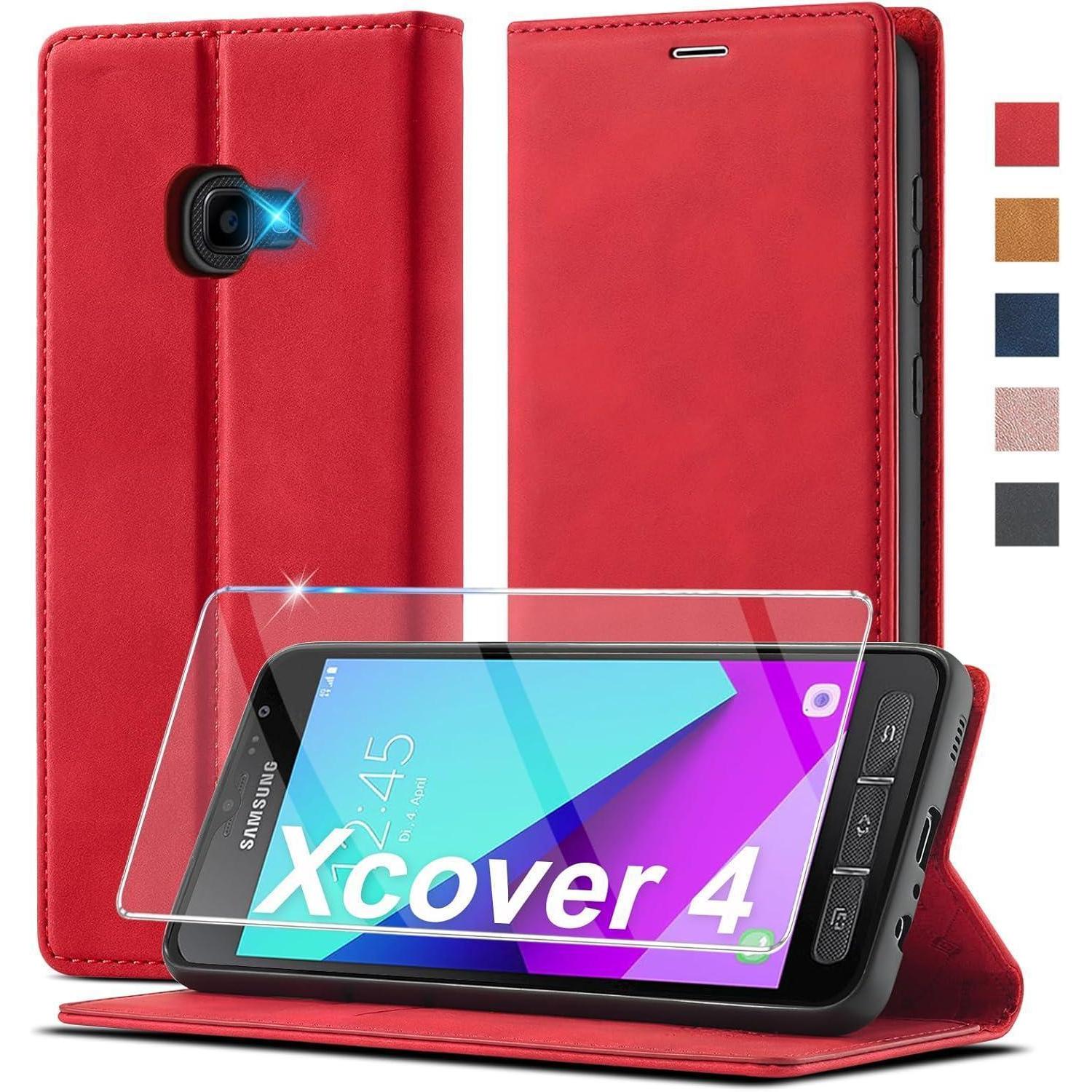Klapphülle Leder Für Samsung Galaxy Xcover 4/4s Mit Kartenfach Und Ständer Rot