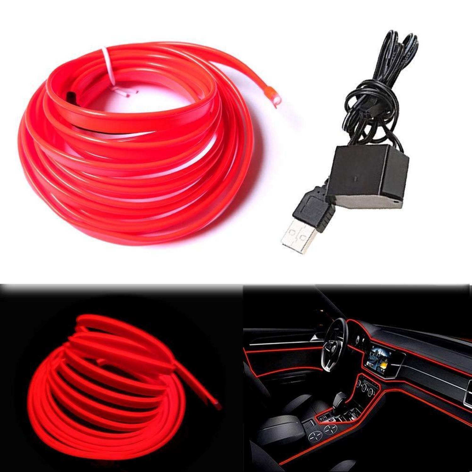 Usb El-wire Rot 3m Flexibles Neonlicht Für Auto-innenraum & Dekoration