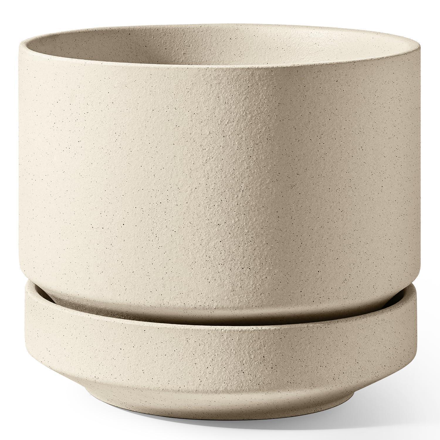 Keramik Blumentopf 30 Cm Mit Untersetzer, Groß, Unglasiert, Atmungsaktiv, Sand-beige