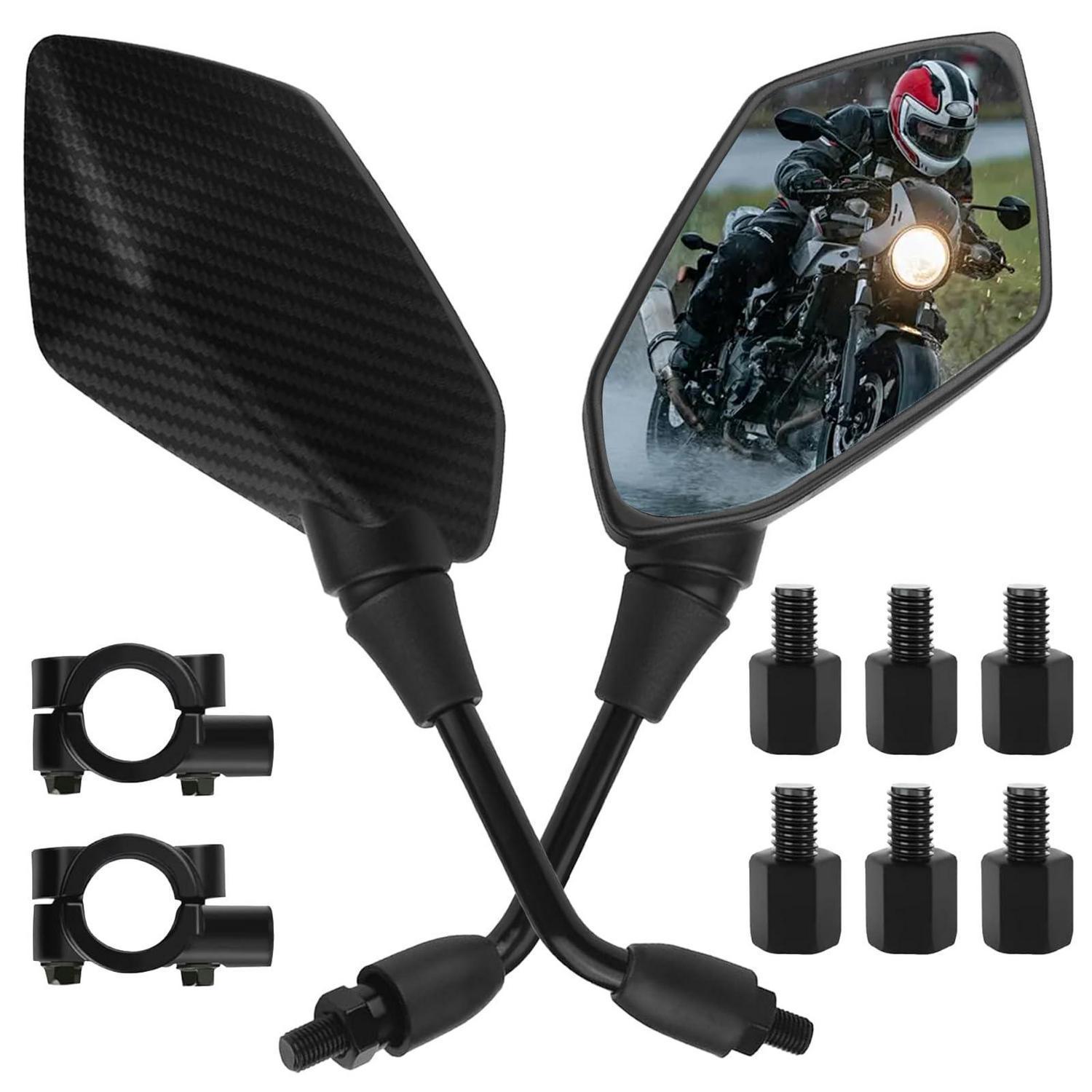 Motorrad Spiegel Set 360° Drehbar, Kohlefaser Optik, 8/10mm Gewinde, Universell Für Roller & Moped